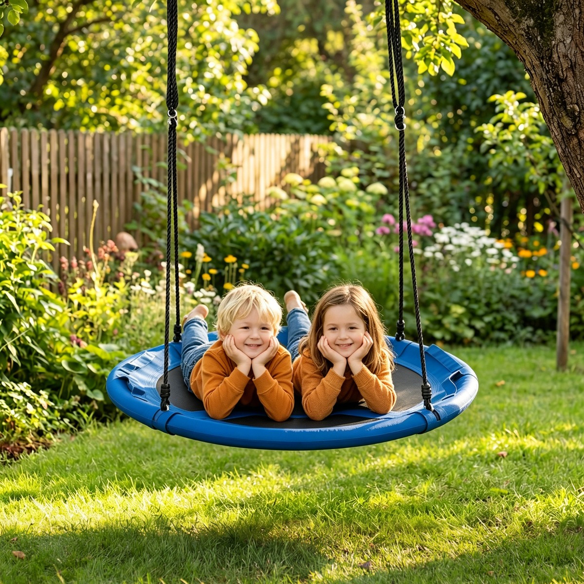 Ø100 cm Nestschaukel mit Kissen & Griffe Kinderschaukel mit 100-180 cm Höhenverstellbarem Seil Blau