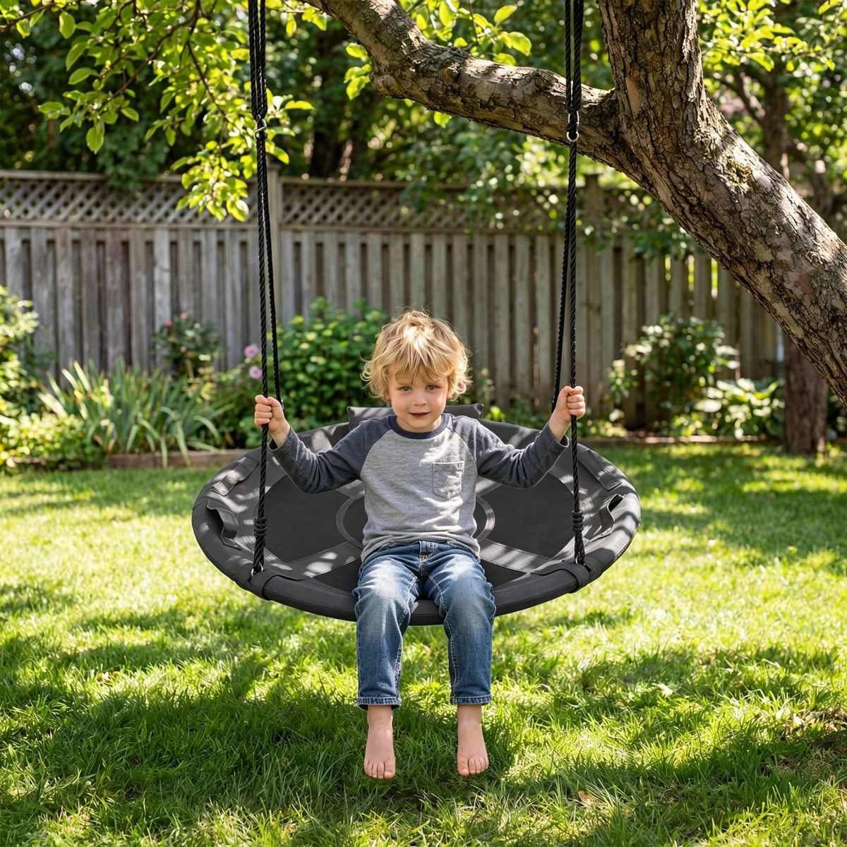 Ø100 cm Nestschaukel mit Kissen & Griffe Kinderschaukel mit 100-180 cm Höhenverstellbarem Seil Grau
