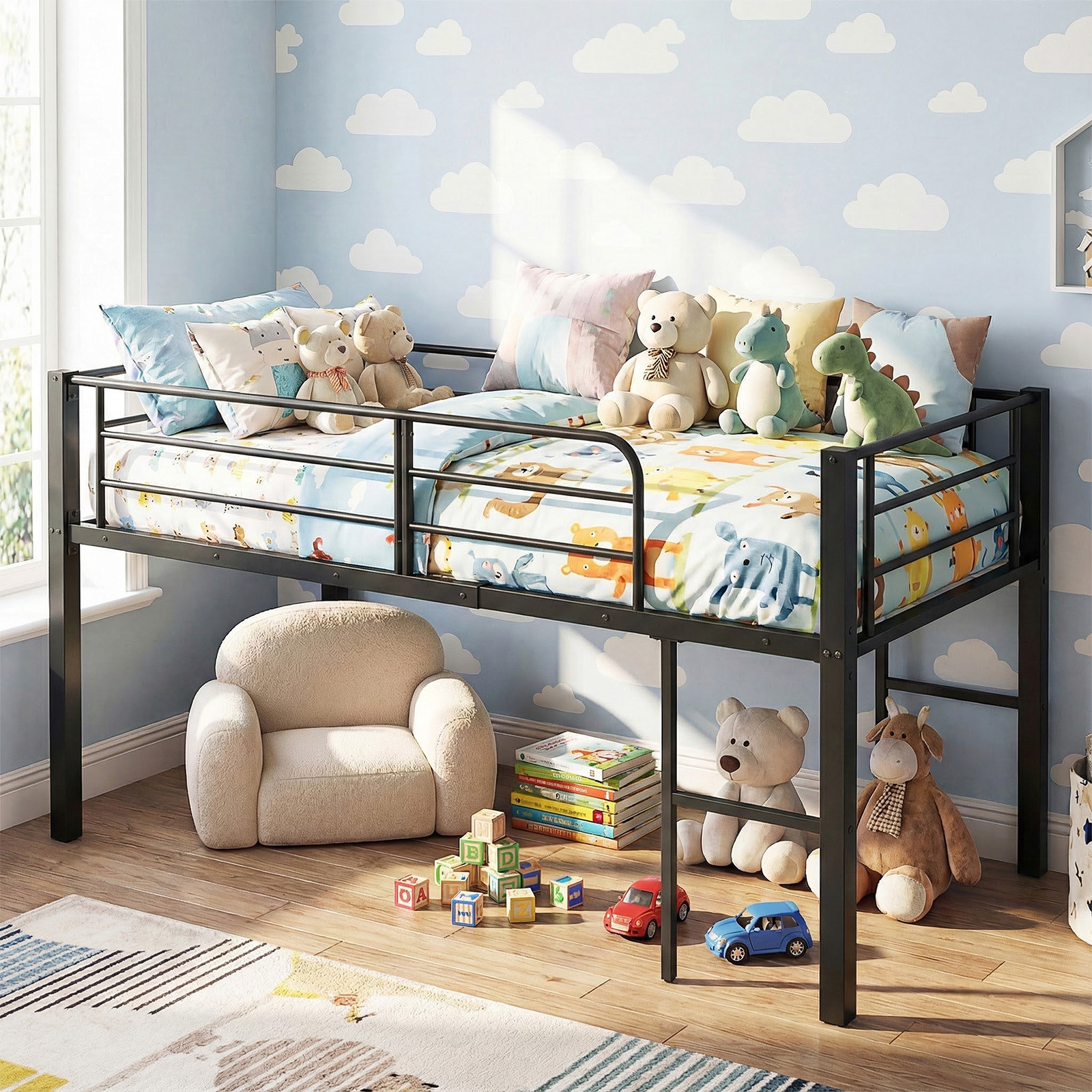 Niedriges Hochbett Bettgestell aus Metall mit Sicherheitsgeländern & 2 Leitern Bettrahmen Schwarz