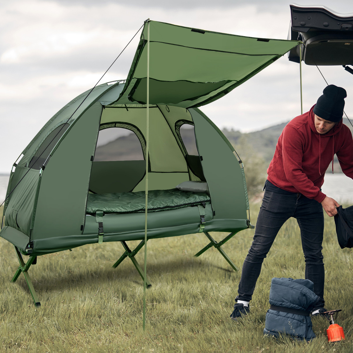 Campingbett mit Vorzelt & Luftmatratze & Schlafsack & Kissen Campingliege mit Tragetasche