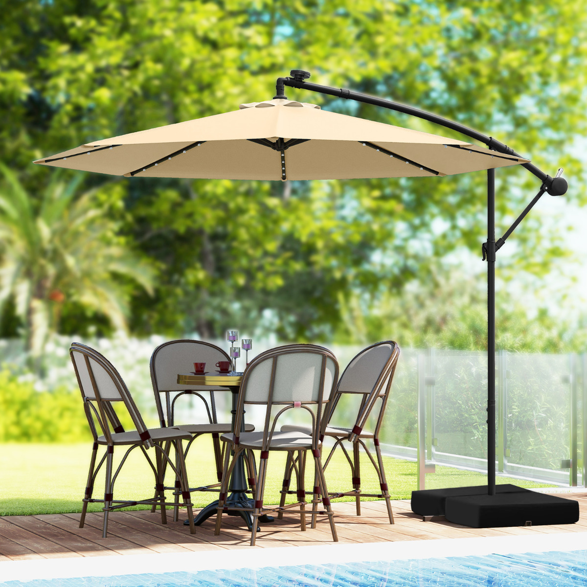 Ø350 cm Ampelschirm mit 40 Solar-LED-Leuchten & Sandsäcke & Kurbel & UV-Schutz Sonnenschirm Beige
