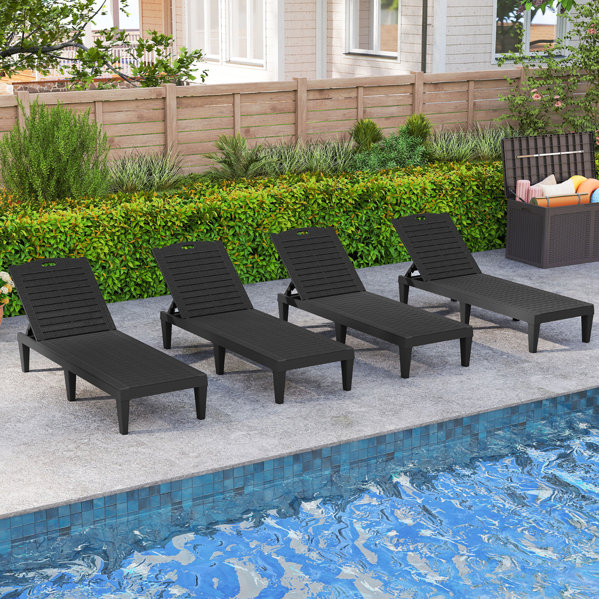 300 cm Großer Sonnenschirm Beige + 2er Set Sonnenliege mit Verstellbarer Rückenlehne Schwarz