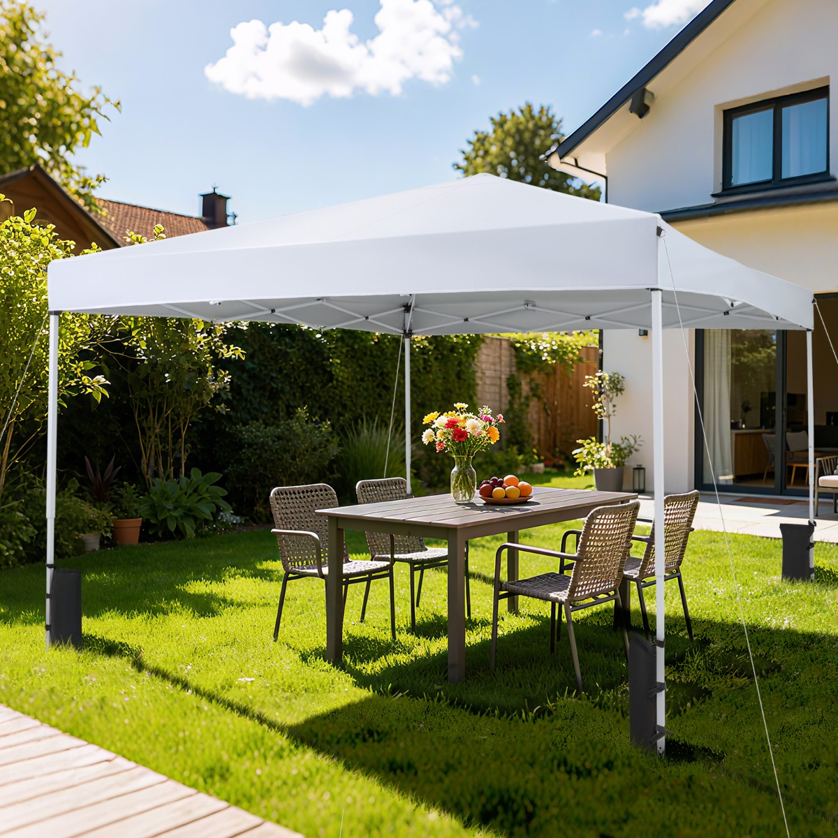 290 x 290 cm Pop-Up-Pavillon Höhenverstellbar Faltbar mit Zubehör für Camping Strand Weiß