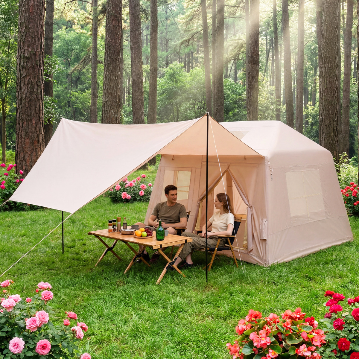 Aufblasbares Campingzelt für 4-6 Personen Tragbares Luftzelt mit Pumpe Türen & Moskitonetzen