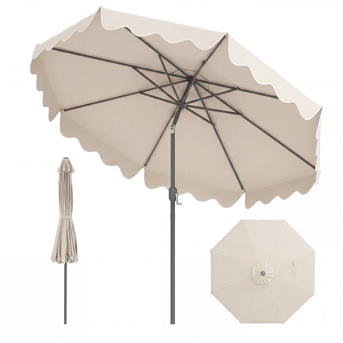 270 cm Sonnenschirm mit Rüschen & Handkurbel Terrassenschirm Beidseitig 30° Knickbar Beige