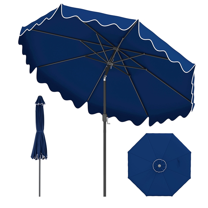 270 cm Sonnenschirm mit Rüschen & Handkurbel Terrassenschirm Beidseitig 30° Knickbar Marineblau