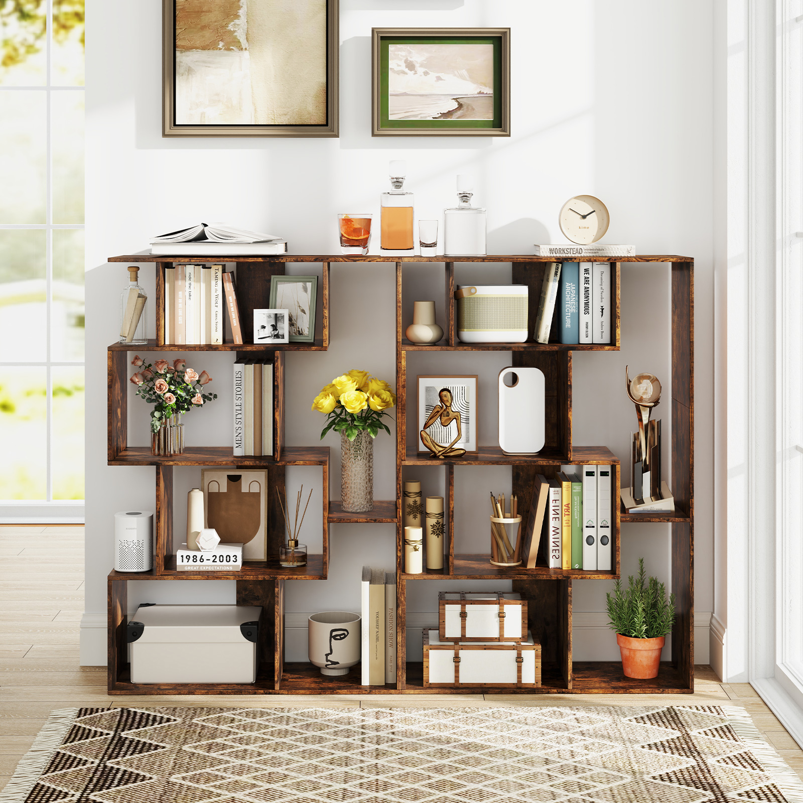 Offene geometrische Bücherregal 6-Würfel großes Bücherregal mit Kippsicherungen Bodenorganizer Display Regal Café