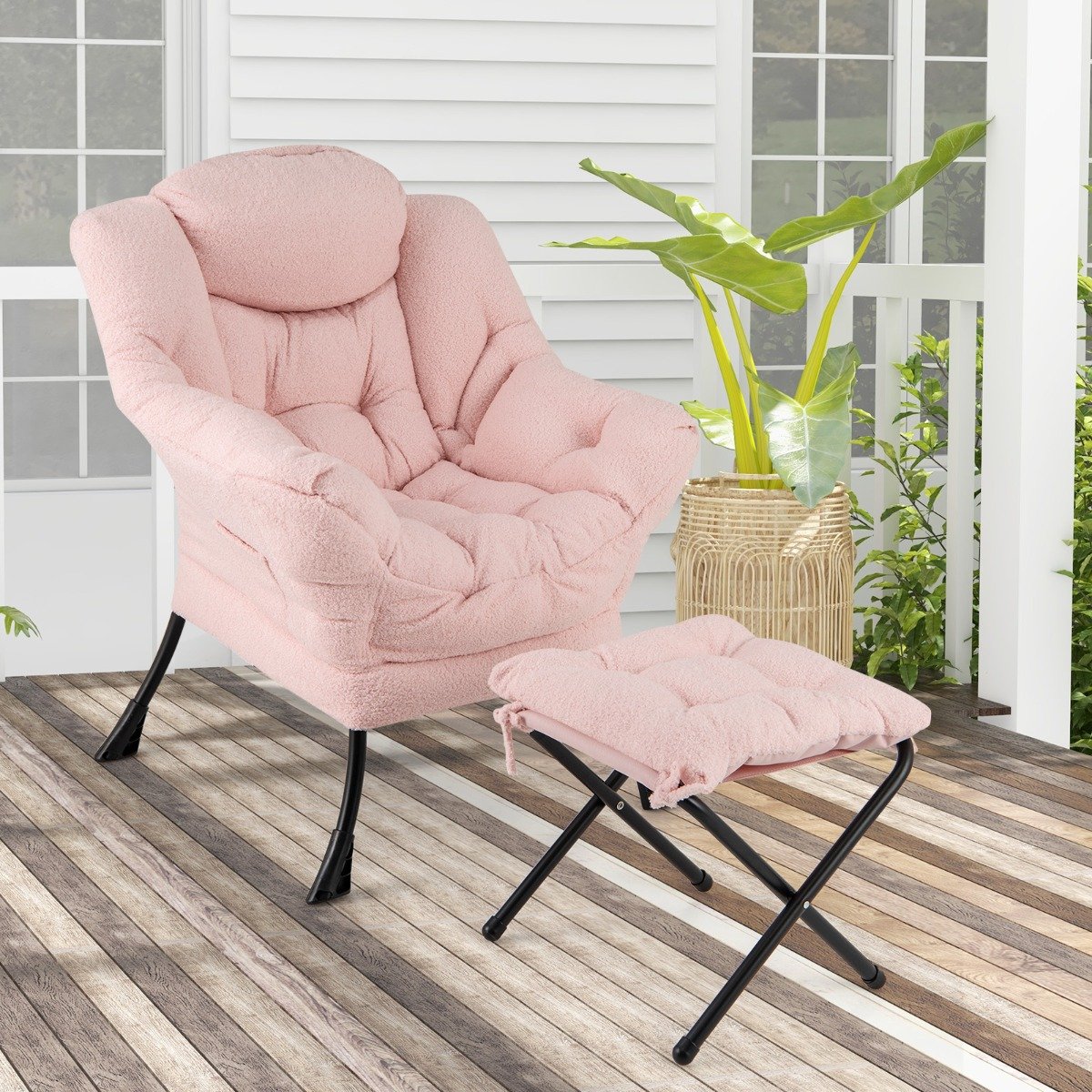 Sessel mit Armlehnen & Seitentasche & Fußstütze & Hocker Relaxsessel Loungesessel Fernsehsessel Rosa