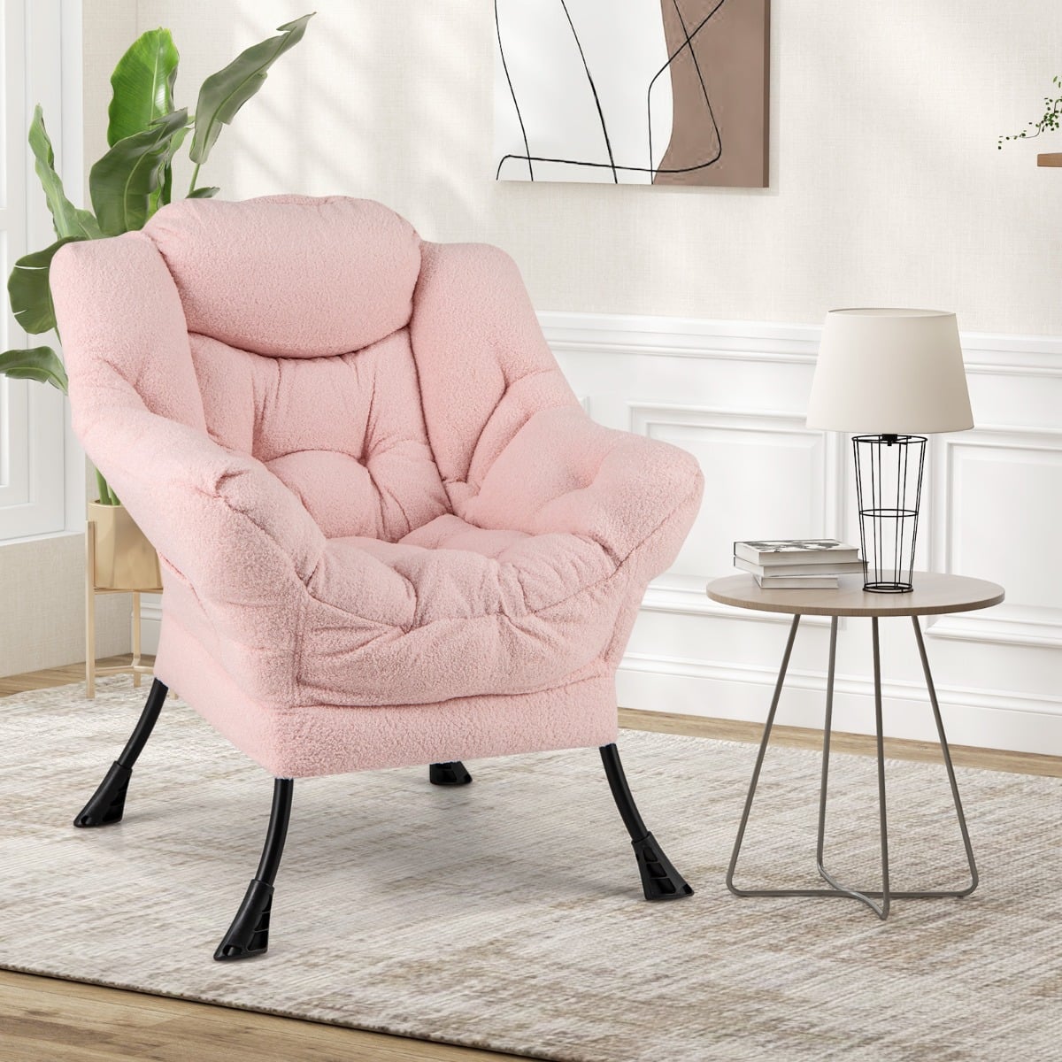 Sessel mit Armlehnen & Seitentasche & Fußstütze Relaxsessel Loungesessel Fernsehsessel Rosa