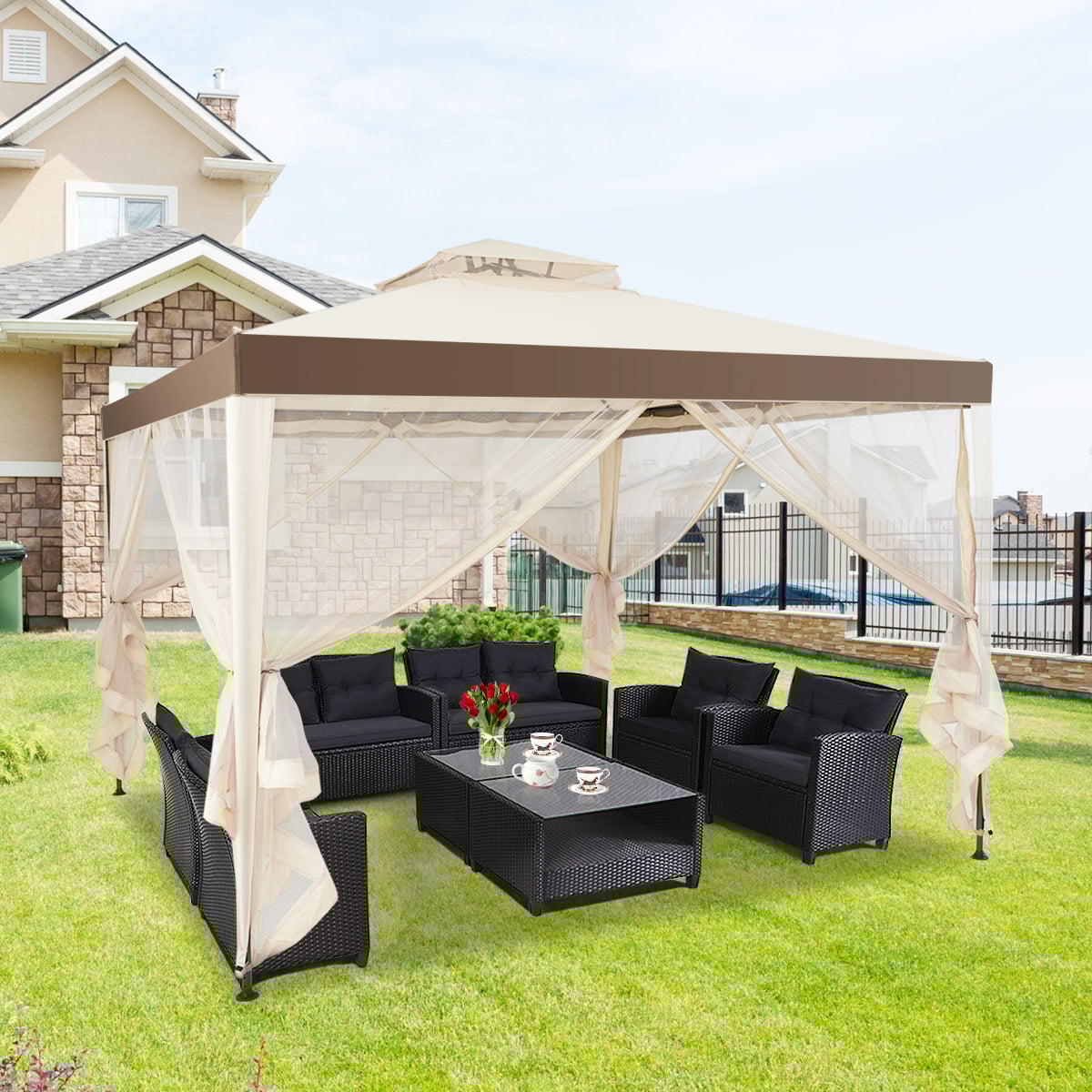 Gartenpavillon Gartenzelt Camping Partyzelt mit 4 Seitenwänden 300 x 300 x 265 cm Beige