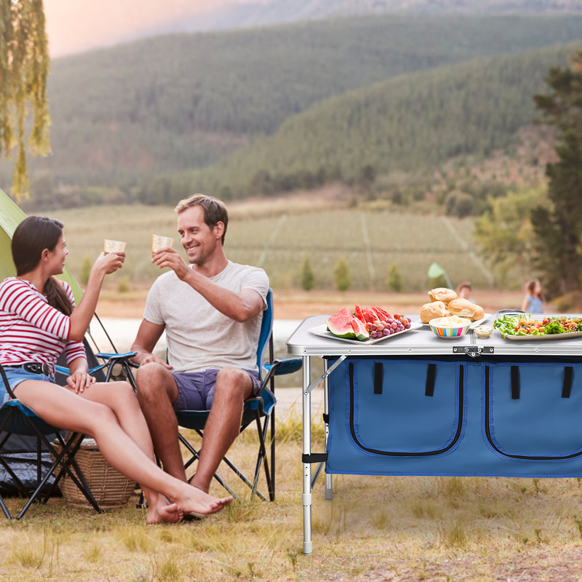 Campingtisch mit Großem Stauraum Reiseküche Alu Klapptisch Gartentisch Dunkelblau