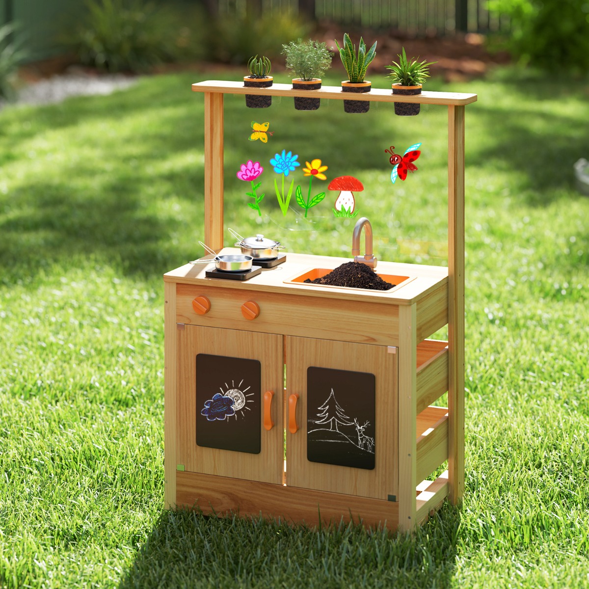 Kinder Mud Kitchen mit Pflanzentöpfen & Kochgeschirr & Herden Holz Spielküche Spielset