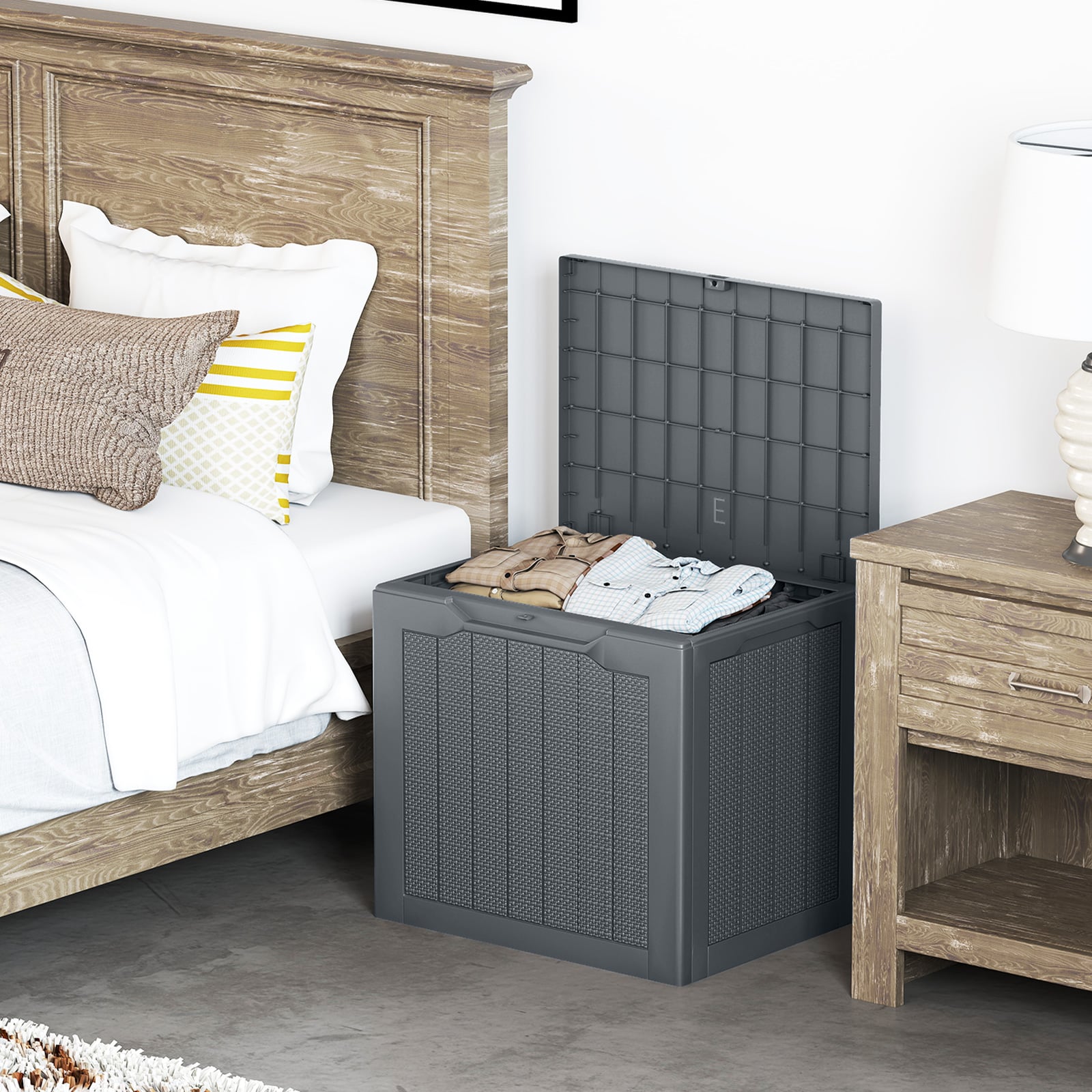 Outdoor-Aufbewahrungsbox 96 L Deckbox mit abschließbarem Deckel & geflochtener Rattanoptik Grau