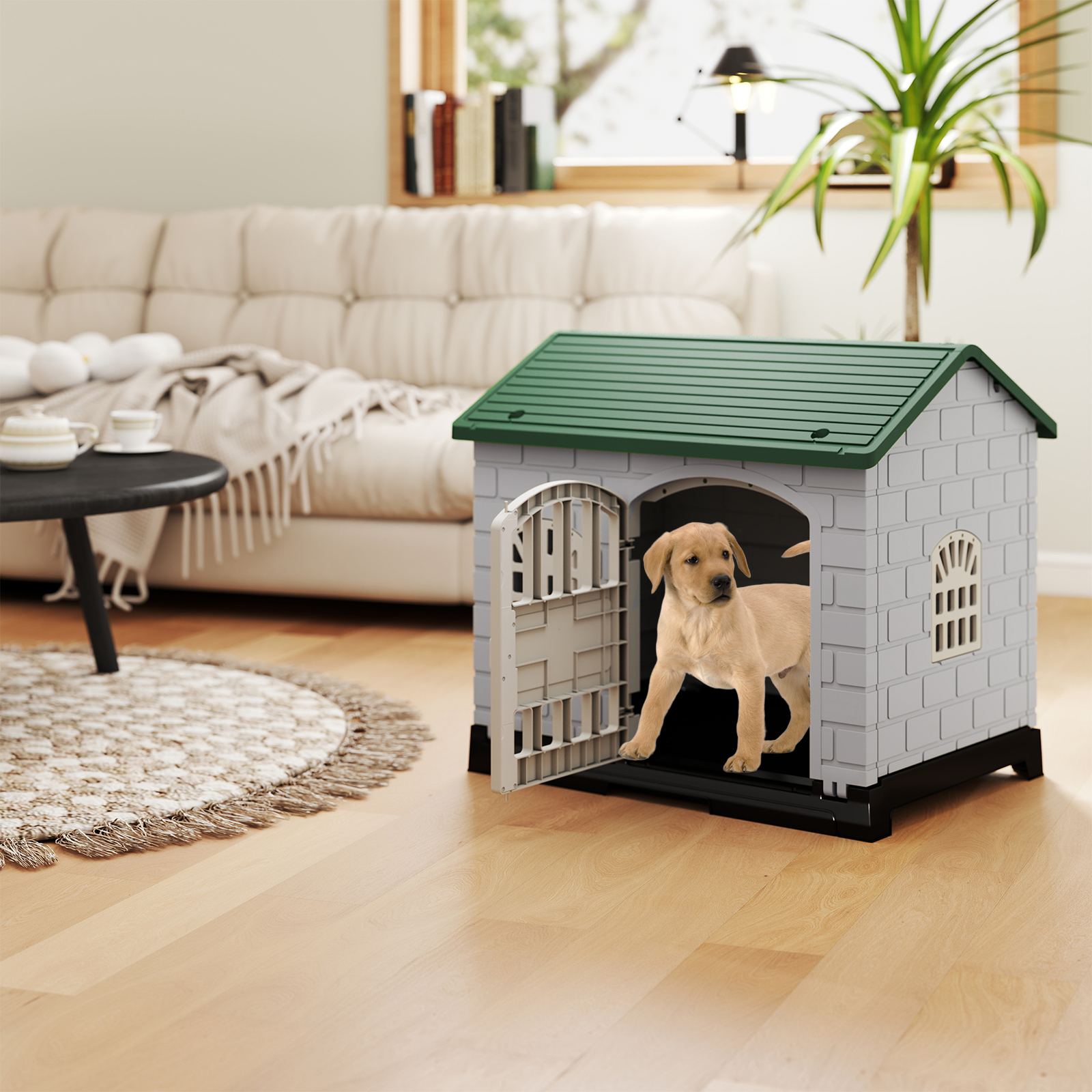 Outdoor Hundehütte mit Tür & 3 Fenstern & Ausnehmbarem Boden & Hundehaus Hundekäfig Grün