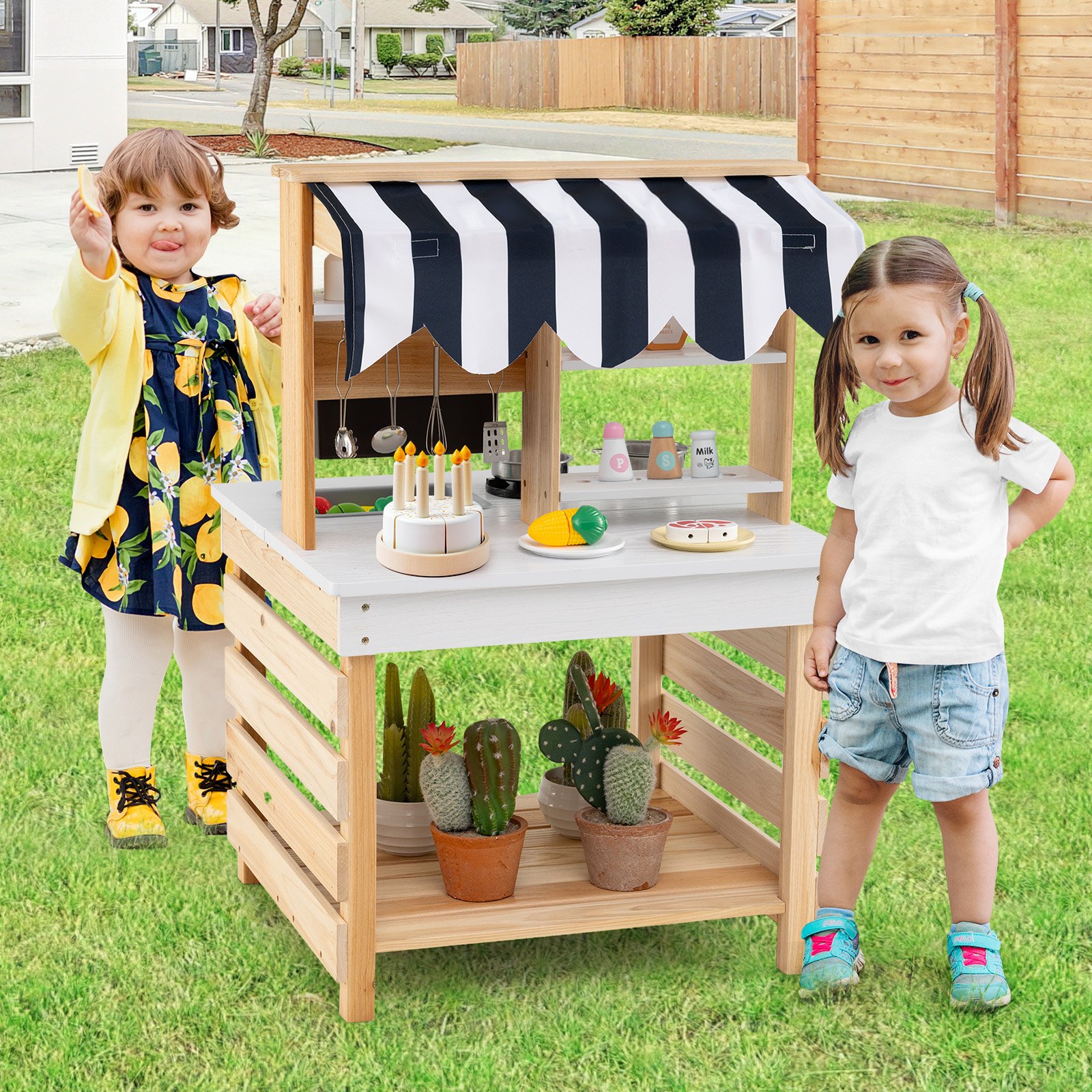 Outdoor Kinder Matschküche mit Wasserfunktion Kinderküche Doppelseitige Spielküche Natur