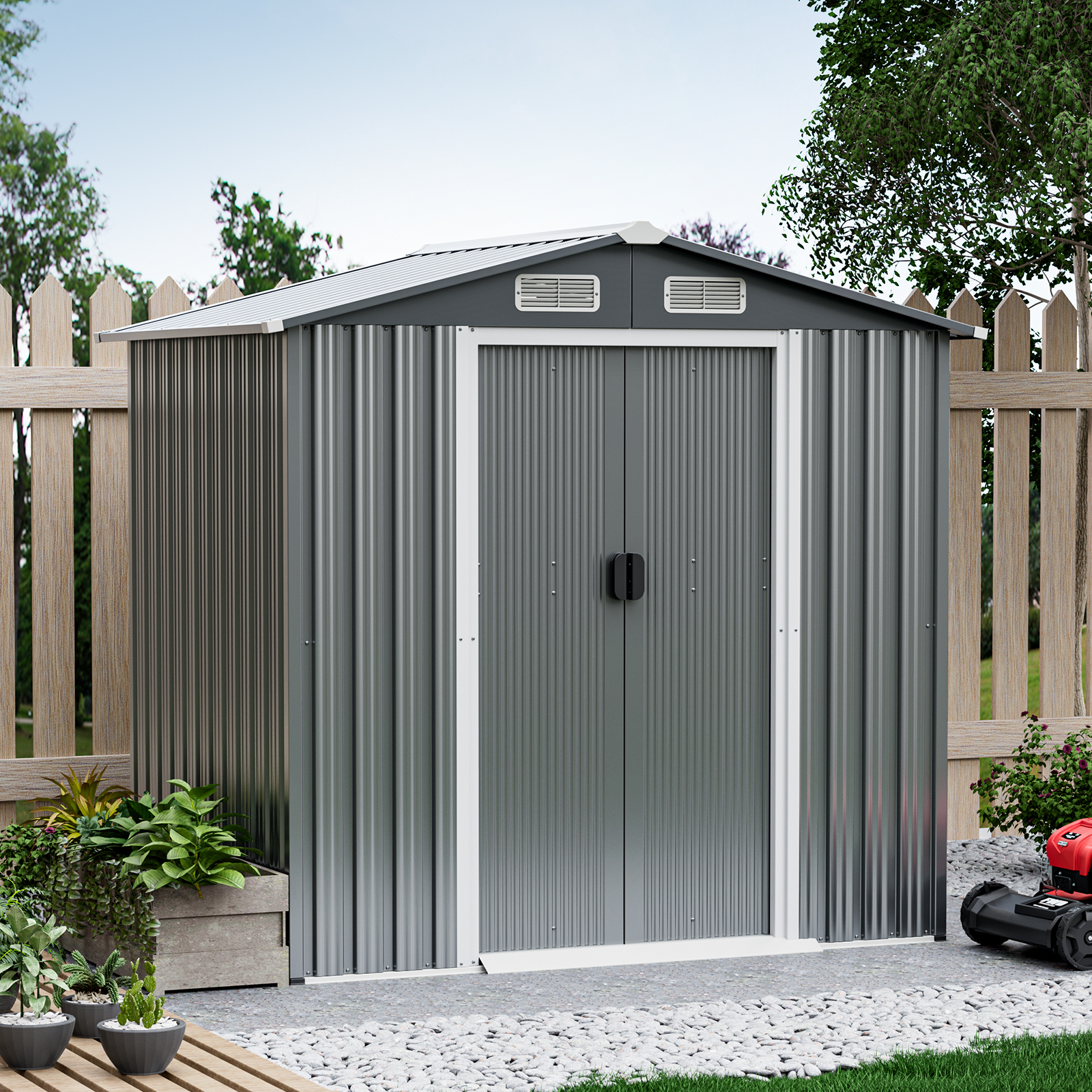 Outdoor Lagerschuppen 196 x 142 cm wetterfester Galvanisierter Metall-Geräteschuppen mit Luftschlitzen Grau