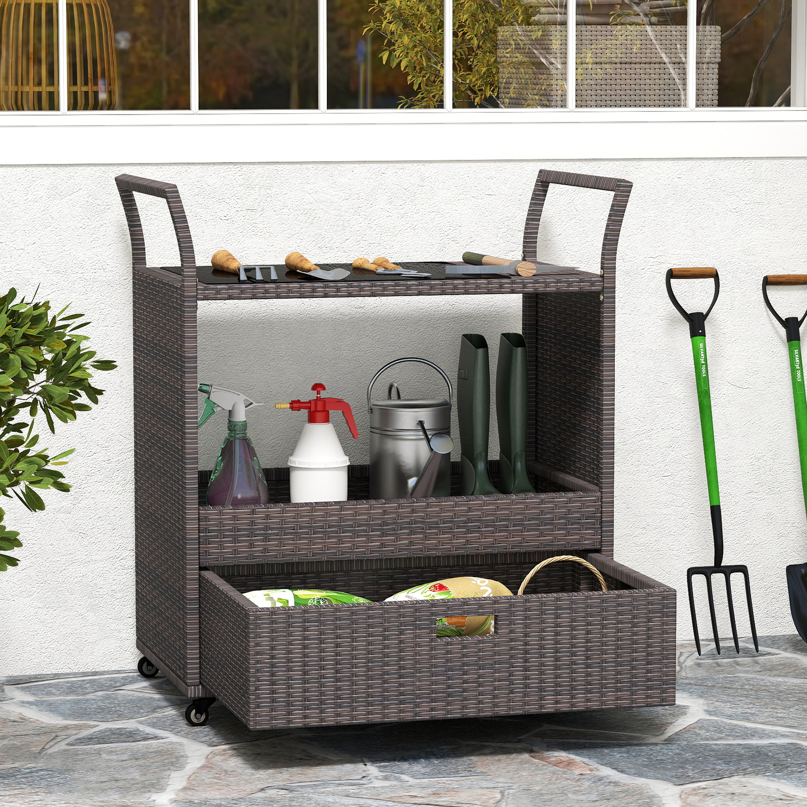 Outdoor Rattan-Barwagen rollbarer Bartresen mit gehärteter Glasplatte offenes Ablagefach Braun