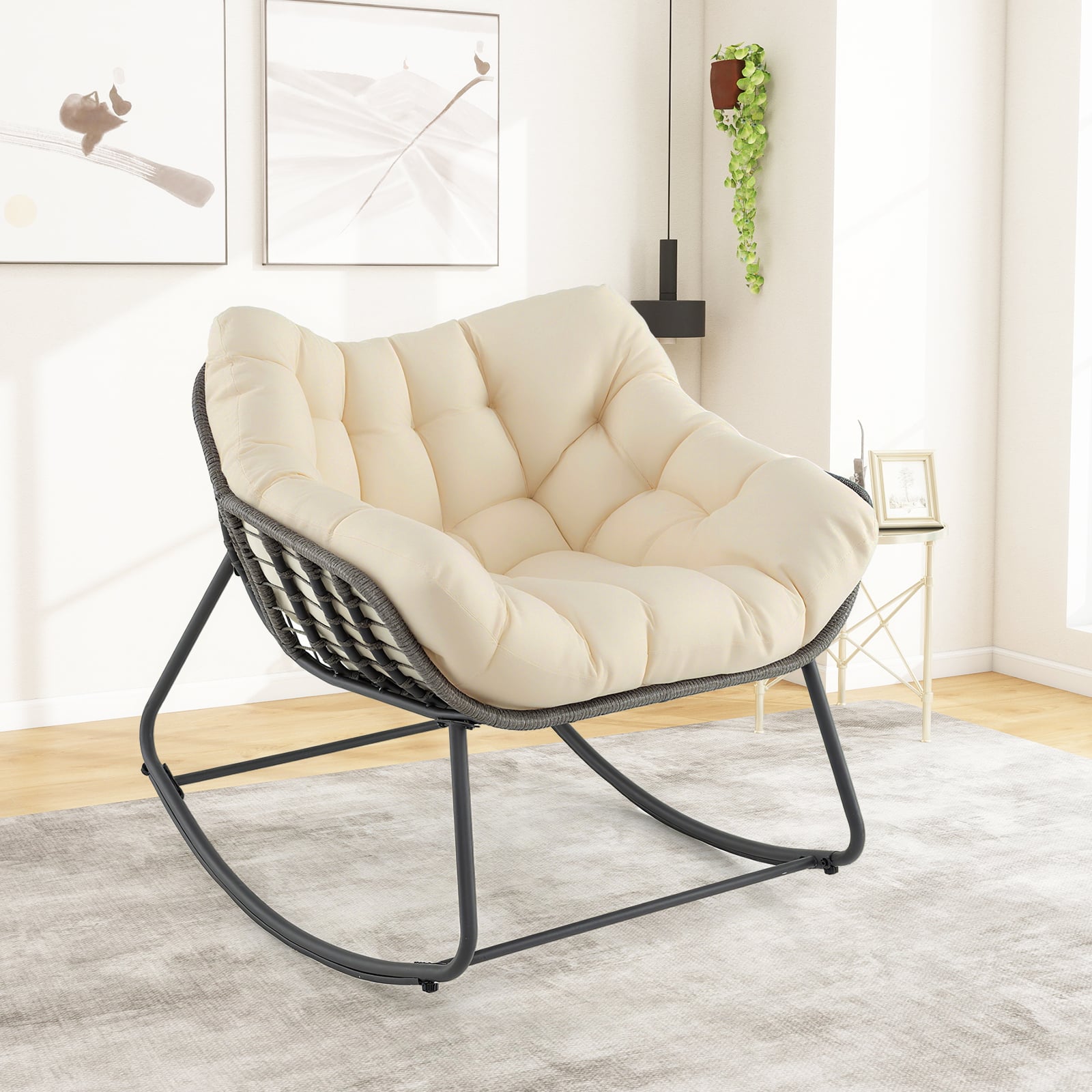 Outdoor-Schaukelstuhl übergroßer Patio PE Wicker Egg Chair mit dickem & abnehmbarem Kissen Beige