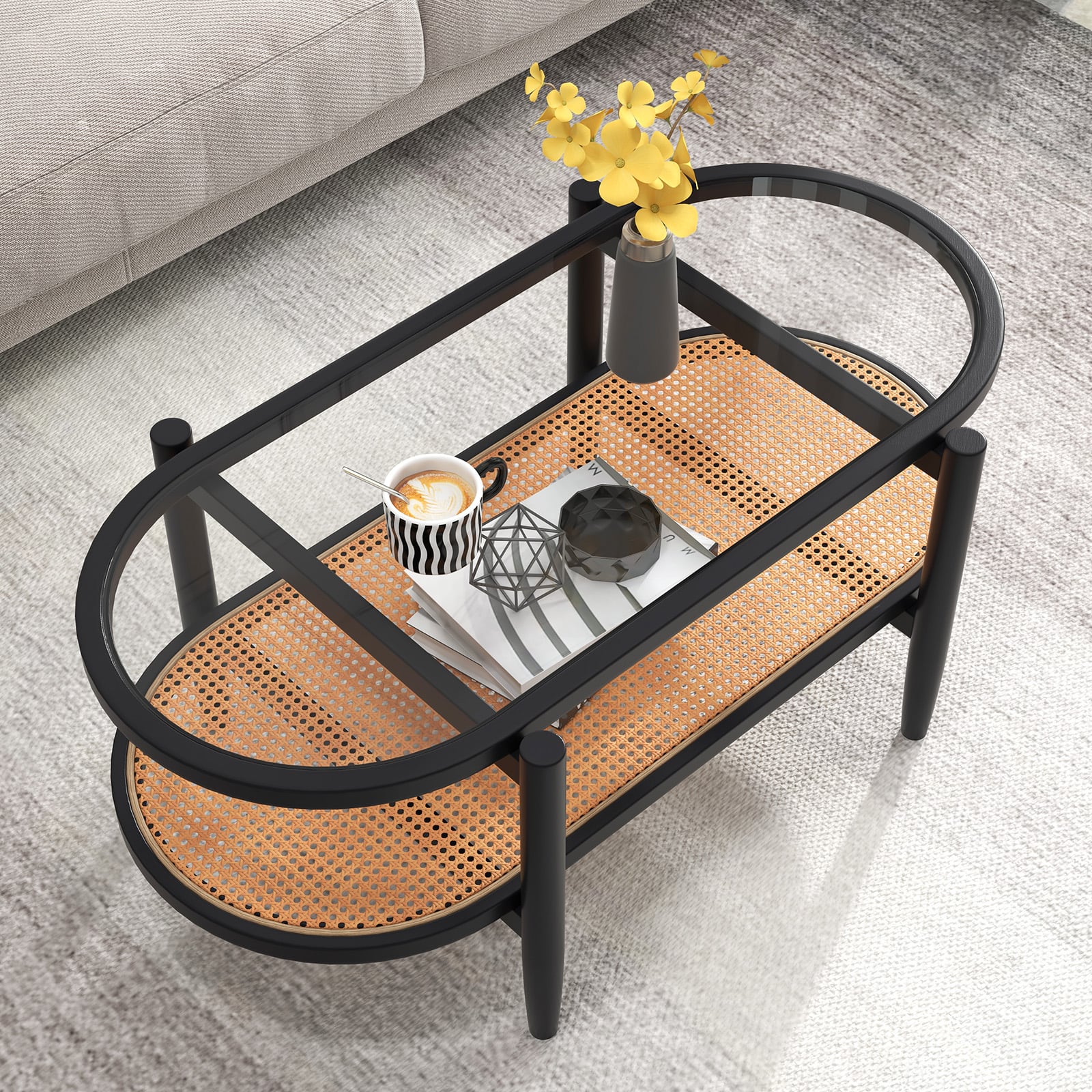 Ovaler Couchtisch Beistelltisch mit Glas Tischplatte & Rattan Ablage 102 x 56 x 47 cm Schwarz + Natur