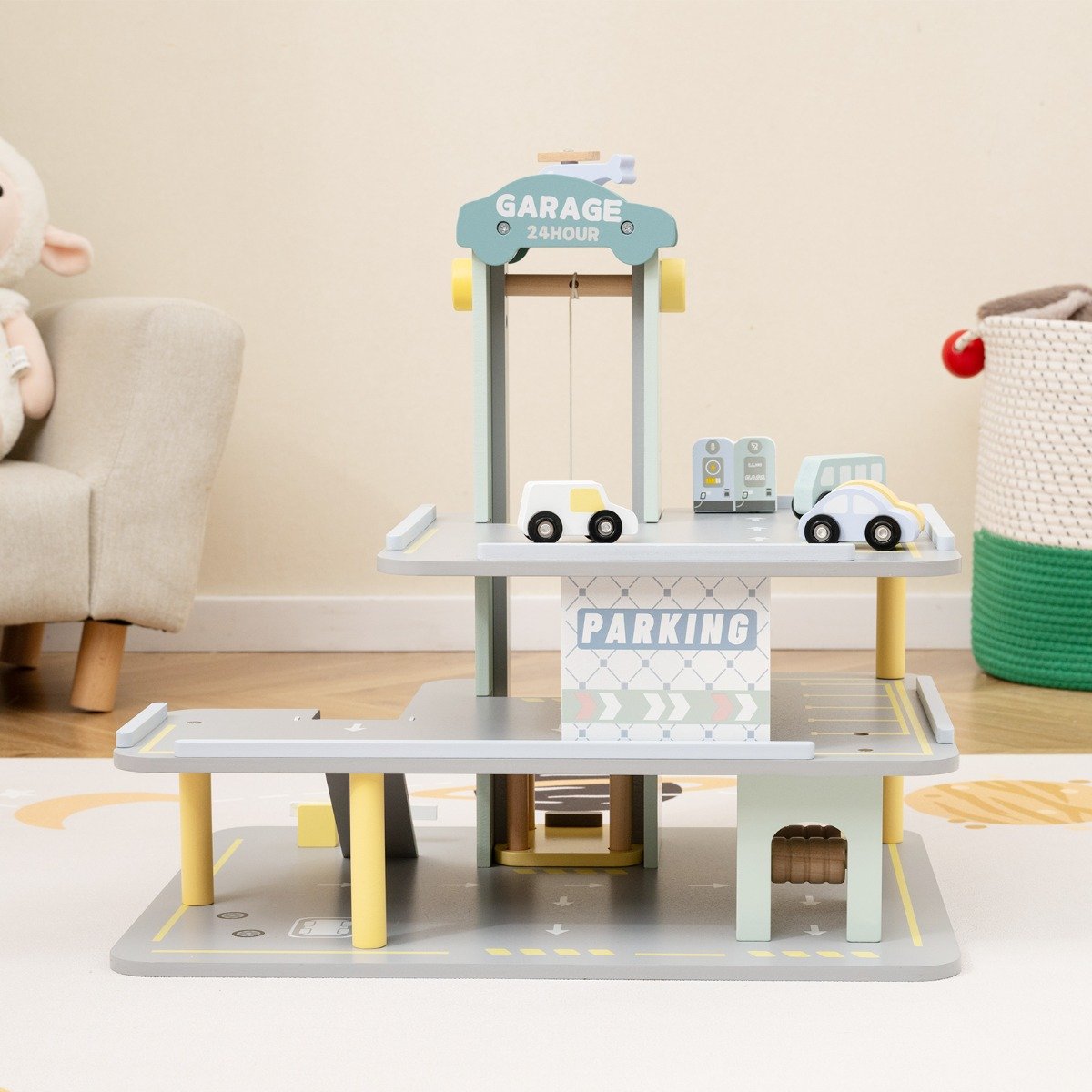 Holz Parkhaus mit 3 Etagen & 4 Autos & Aufzug Parkgarage Autogarage Spielzeug für Kinder ab 3 J.