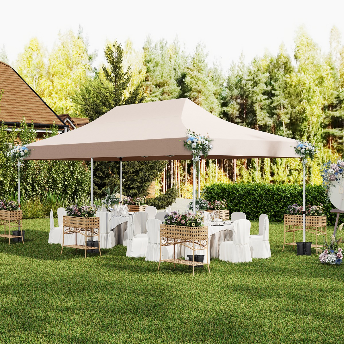3 x 6 m Pavillon Faltpavillon mit 6 abnehmbaren Seitenwänden & Sandsäcke Beige