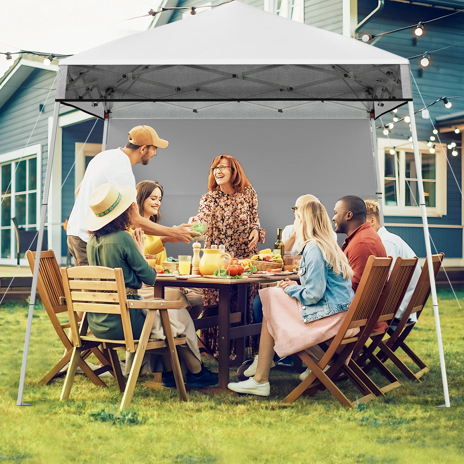 Pavillon 2 x 2 m Pop up Faltpavillon Höhenverstellbar mit Seitenwand & Bodenhaken Wasserdicht Gartenpavillon für Garten Party Weiß