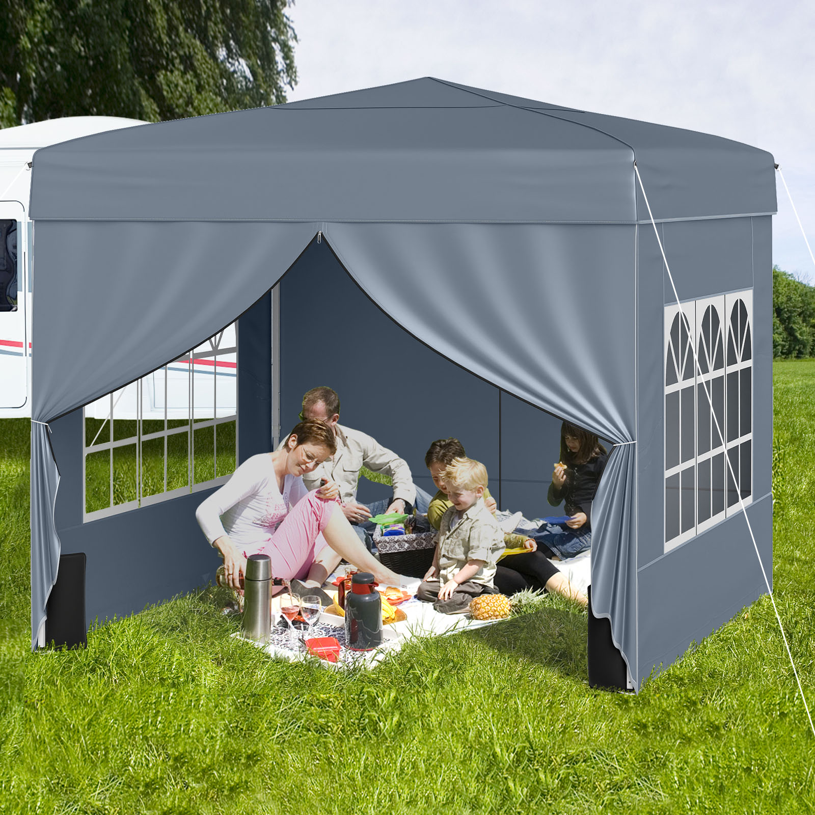 Pavillon 3 x 3 m Pop up Faltpavillon mit 4 Abnehmbaren Seitenwänden 3-Fach Höhenverstellbares Partyzelt Grau