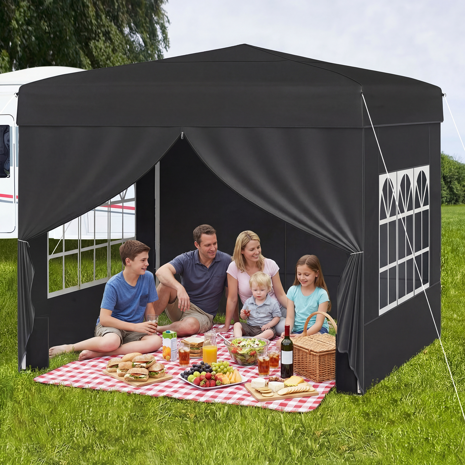 Pavillon 3 x 3 m Pop up Faltpavillon mit 4 Abnehmbaren Seitenwänden 3-Fach Höhenverstellbares Partyzelt Schwarz