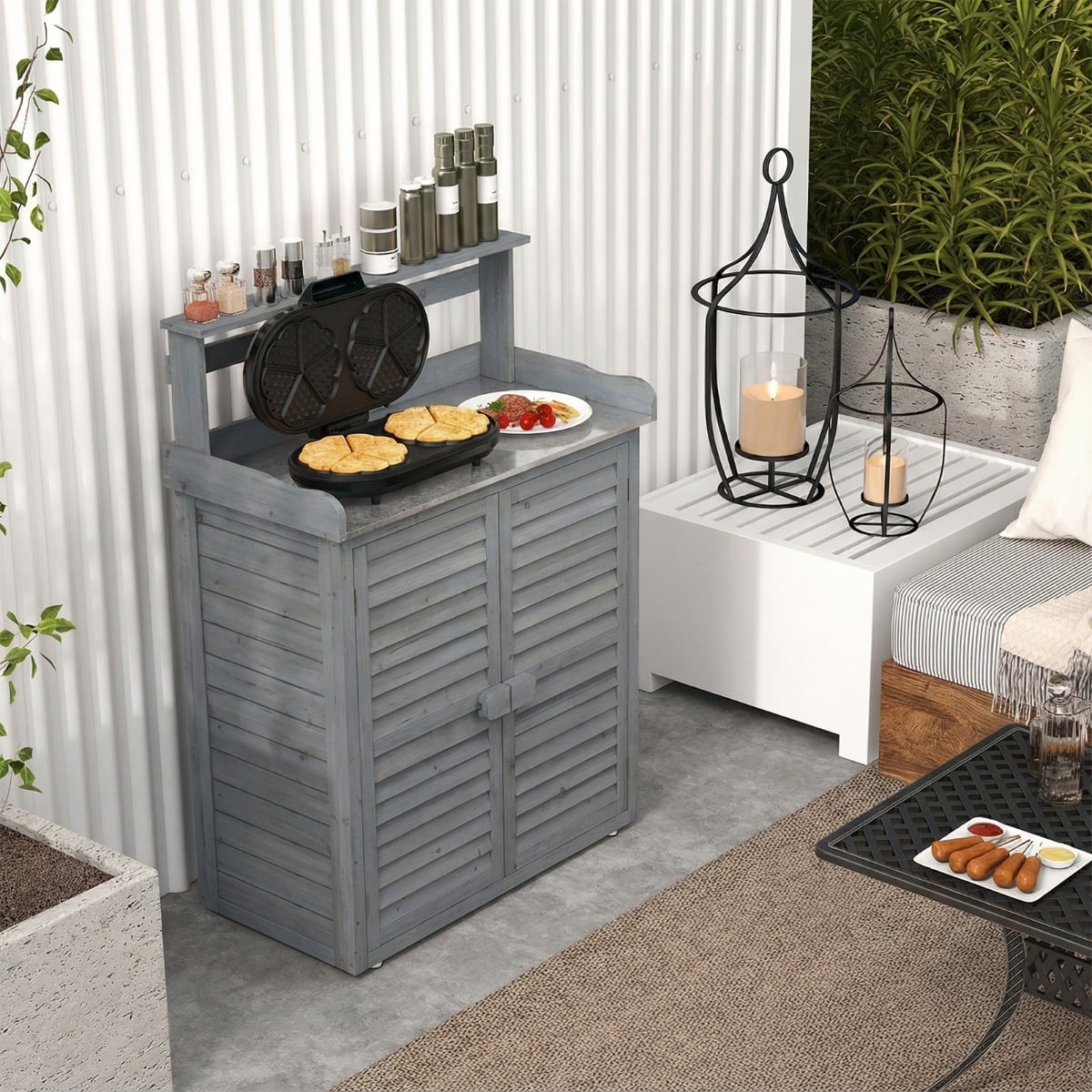 Outdoor Pflanztisch mit Unterschrank & Verzinkter Arbeitsplatte & Abnehmbaren Regalen Grau