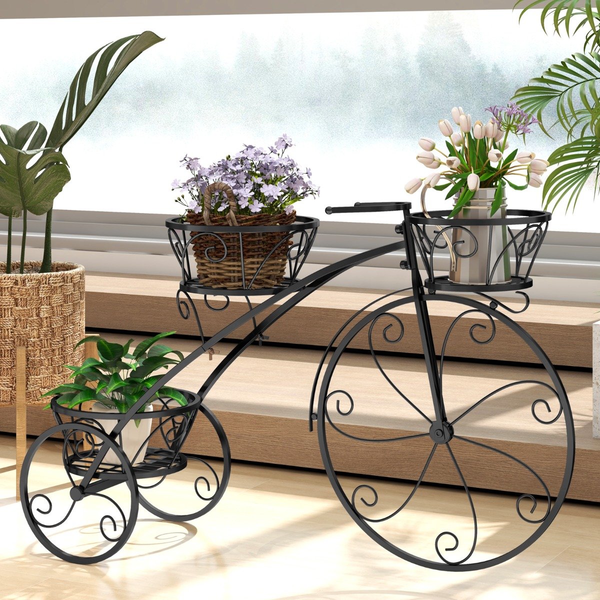Metall Pflanzenständer mit Fahrrad-Design Blumenregal mit 3 Körben Blumenständer Pflanzenregal Schwarz