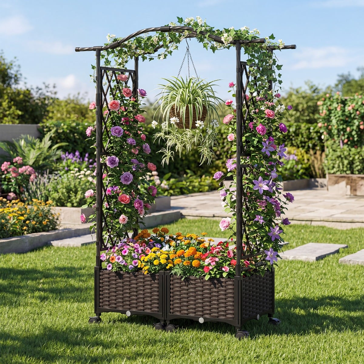 2 in 1 Blumenkasten mit Rankgitter & Hängendem Dach Rosenbogen mit 2 Pflanzkästen Braun