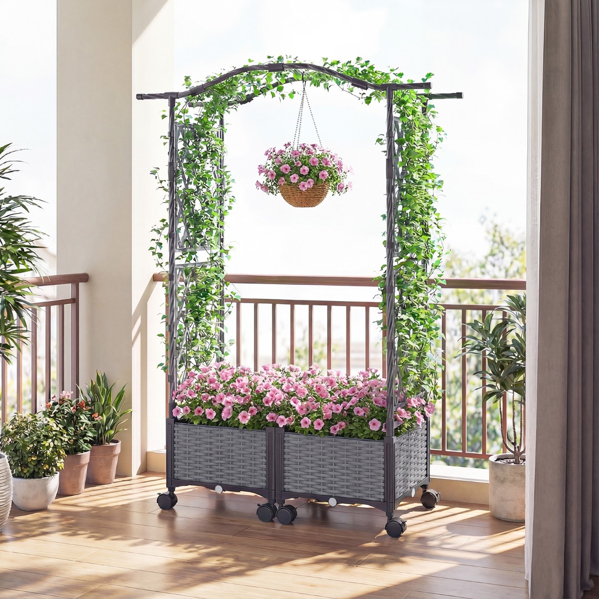 Pflanzkasten mit Rankgitter & hängendem Dach Hochbeet auf abschließbaren Rollen Grau 153 x 40 x 147 cm