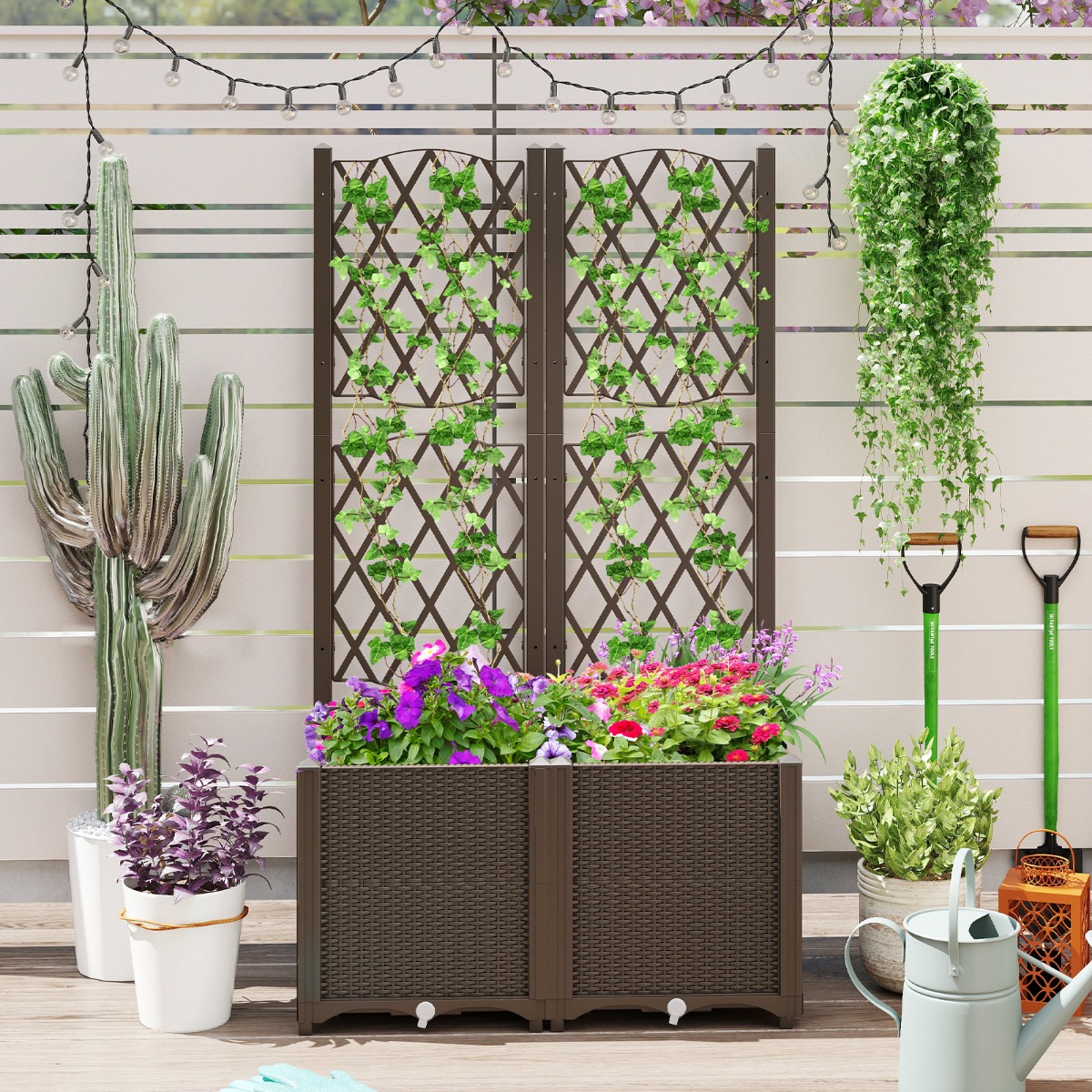 Blumenkasten mit Rankgitter Pflanzkasten für Kletterpflanzen 80 x 40 x 140 cm Kaffee