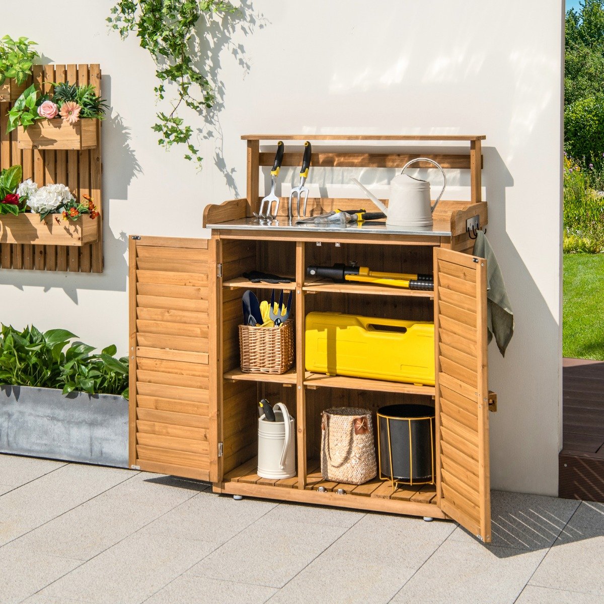 Pflanztisch mit Unterschrank Gärtnertisch Wetterfest outdoor aus Holz 87 x 45 x 120 cm Natur
