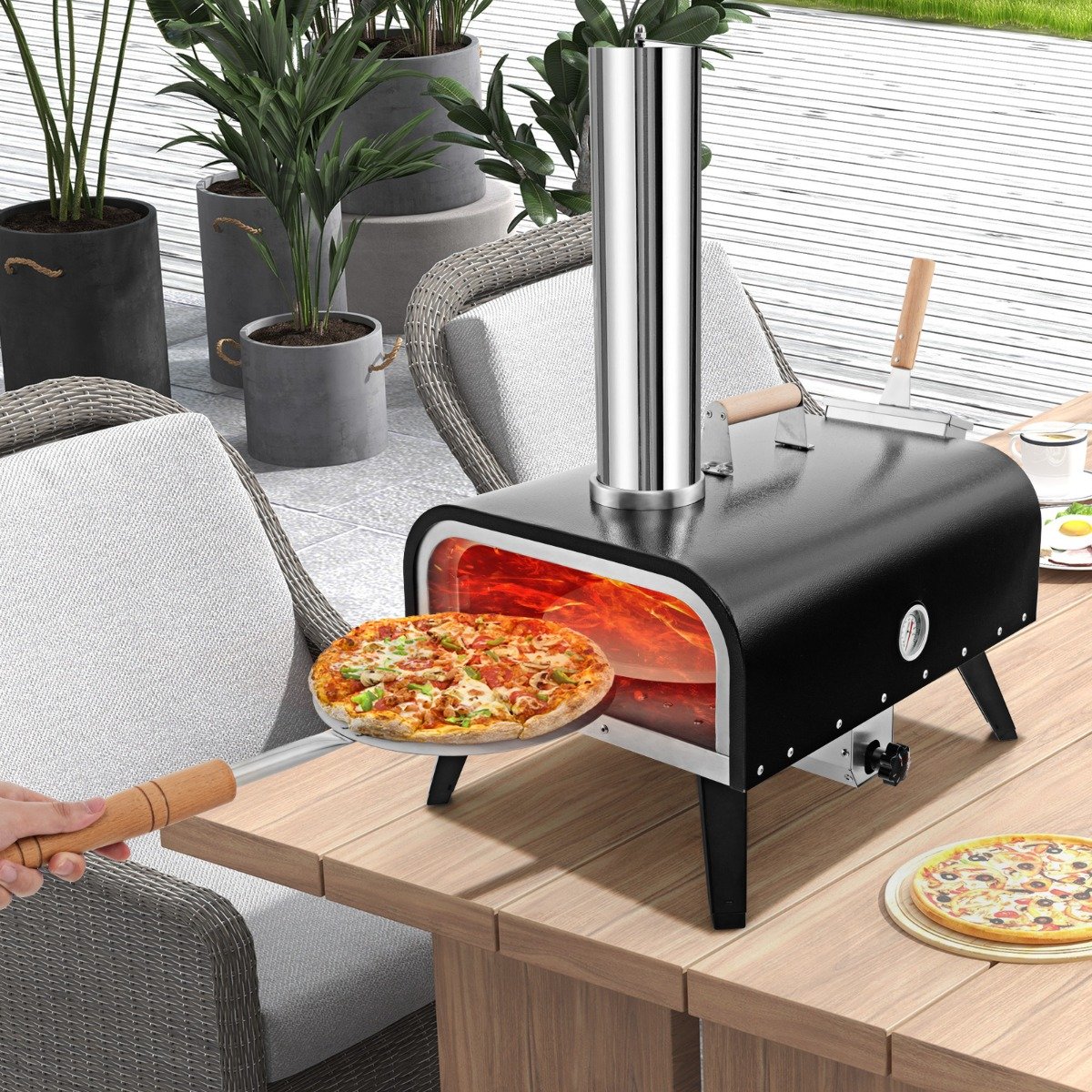 Outdoor Pizzaofen aus Edelstahl mit Pizzastein & Pizzaschaufel & Thermometer & Tragetasche