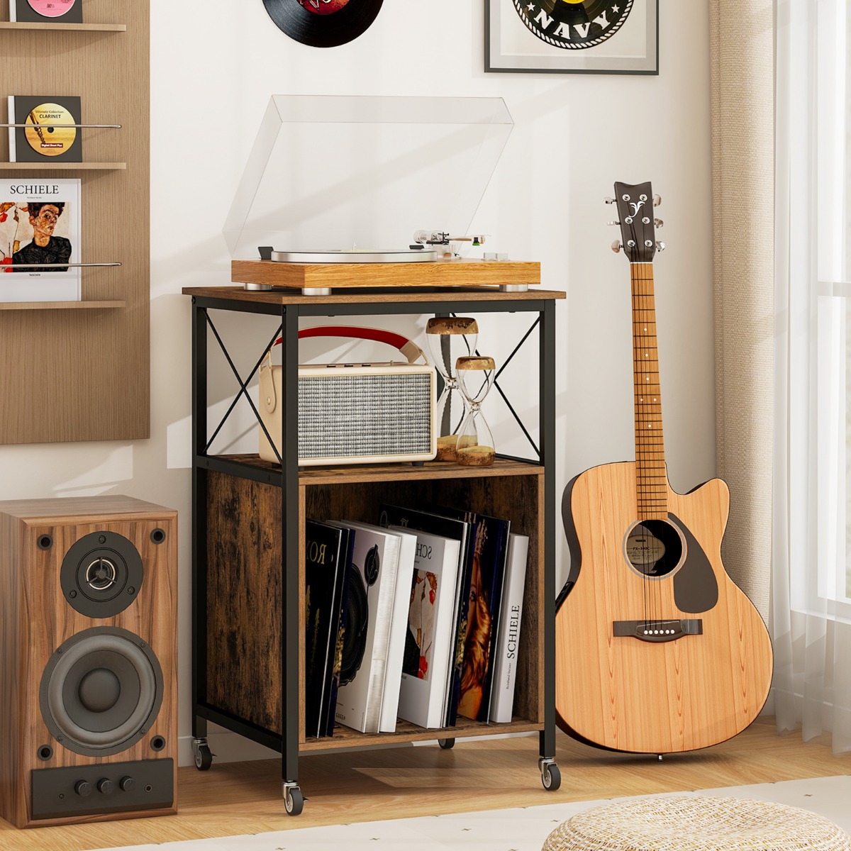 Plattenspieler Ständer mit Integrierter Ladestation Schallplattenständer Mittelalter Beistelltisch