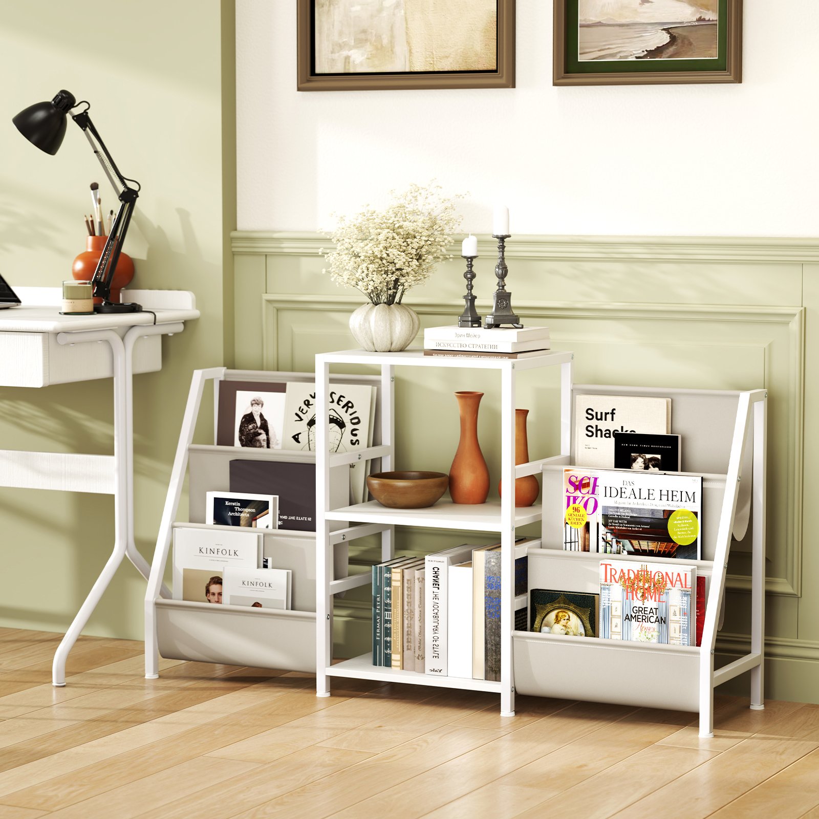 Plattenspielerständer mit Vinyl-Regal & 3 Ablagen & 6 Aufbewahrungstaschen Schallplattenständer Weiß