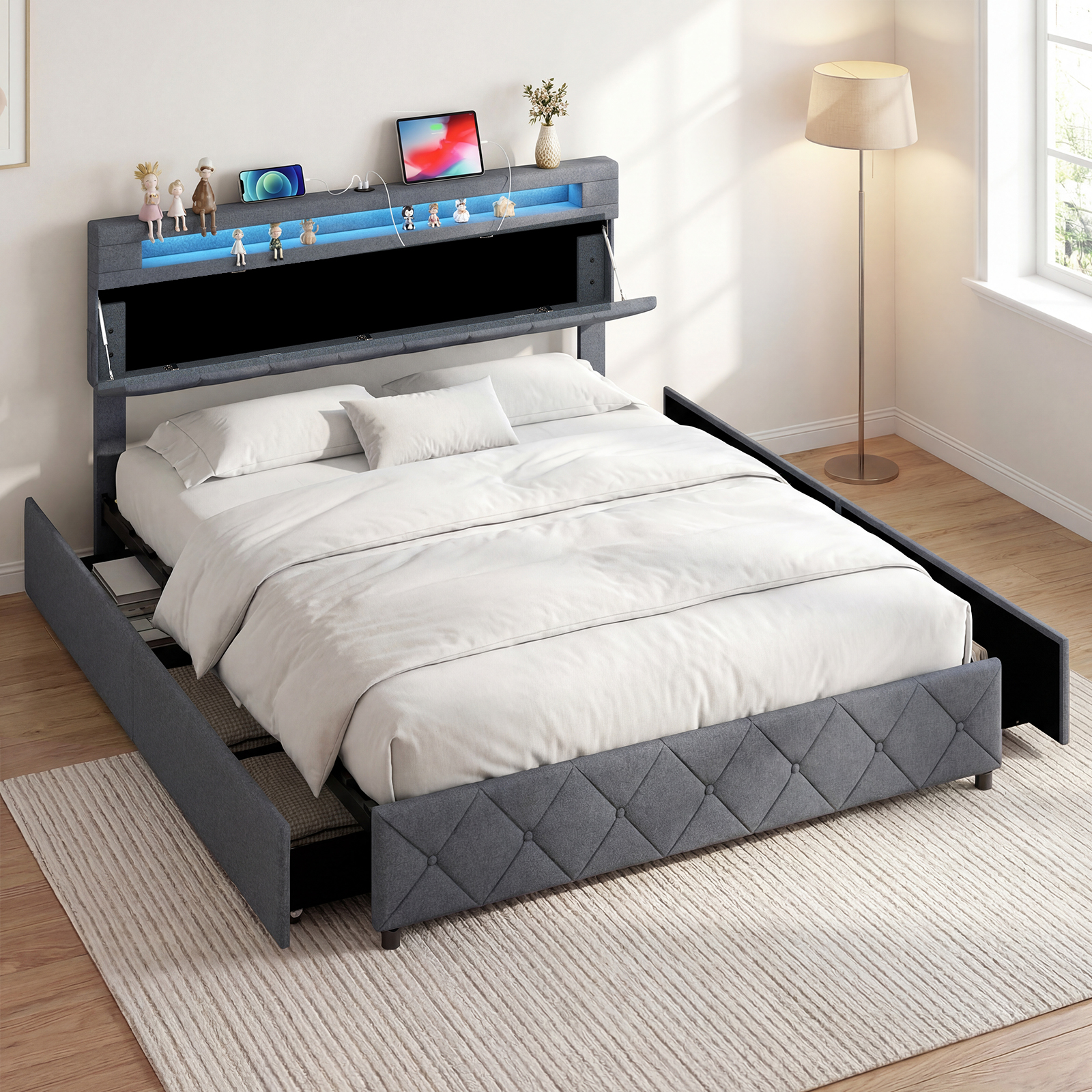 Polsterbett 160 x 200 cm mit LED-Beleuchtung Ladestation (2 USB-Anschlüsse) Doppelbettgestell mit Schubladen Grau