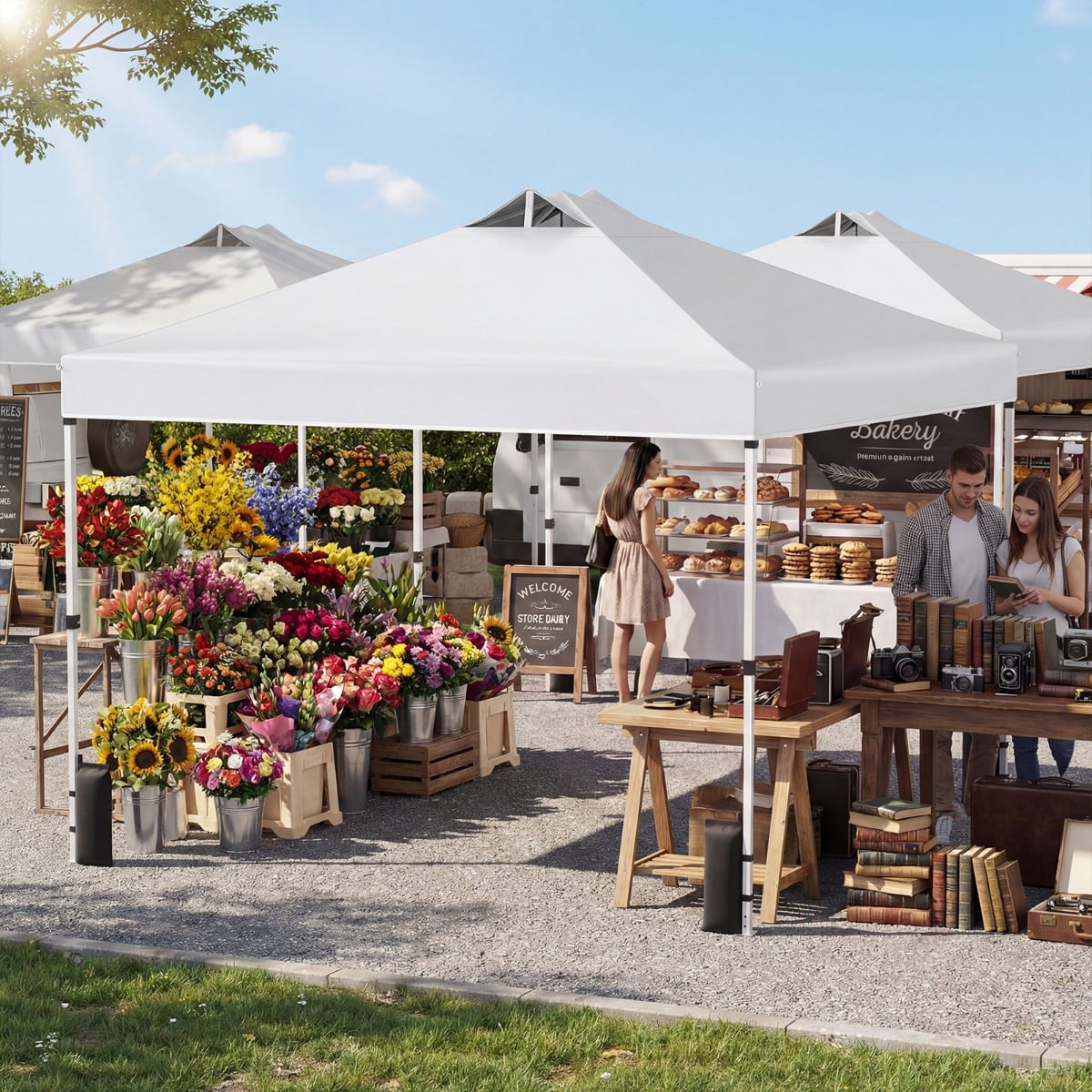 3 x 3 m Pop-Up Pavillon mit 4 Sandsäcken & Heringen & Seilen Faltpavillon Gartenpavillon Weiß