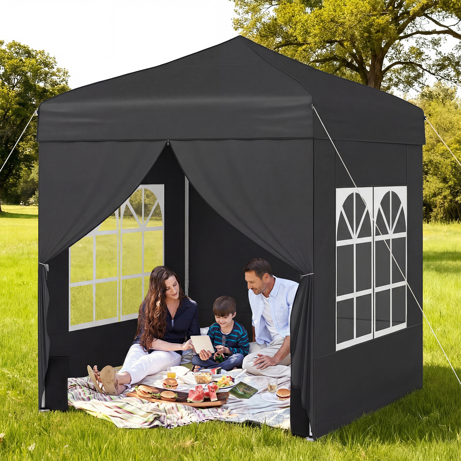 Pop Up Pavillon 2 x 2m Klappbarer Gartenpavillon mit Abnehmbaren Seitenwänden Schwarz