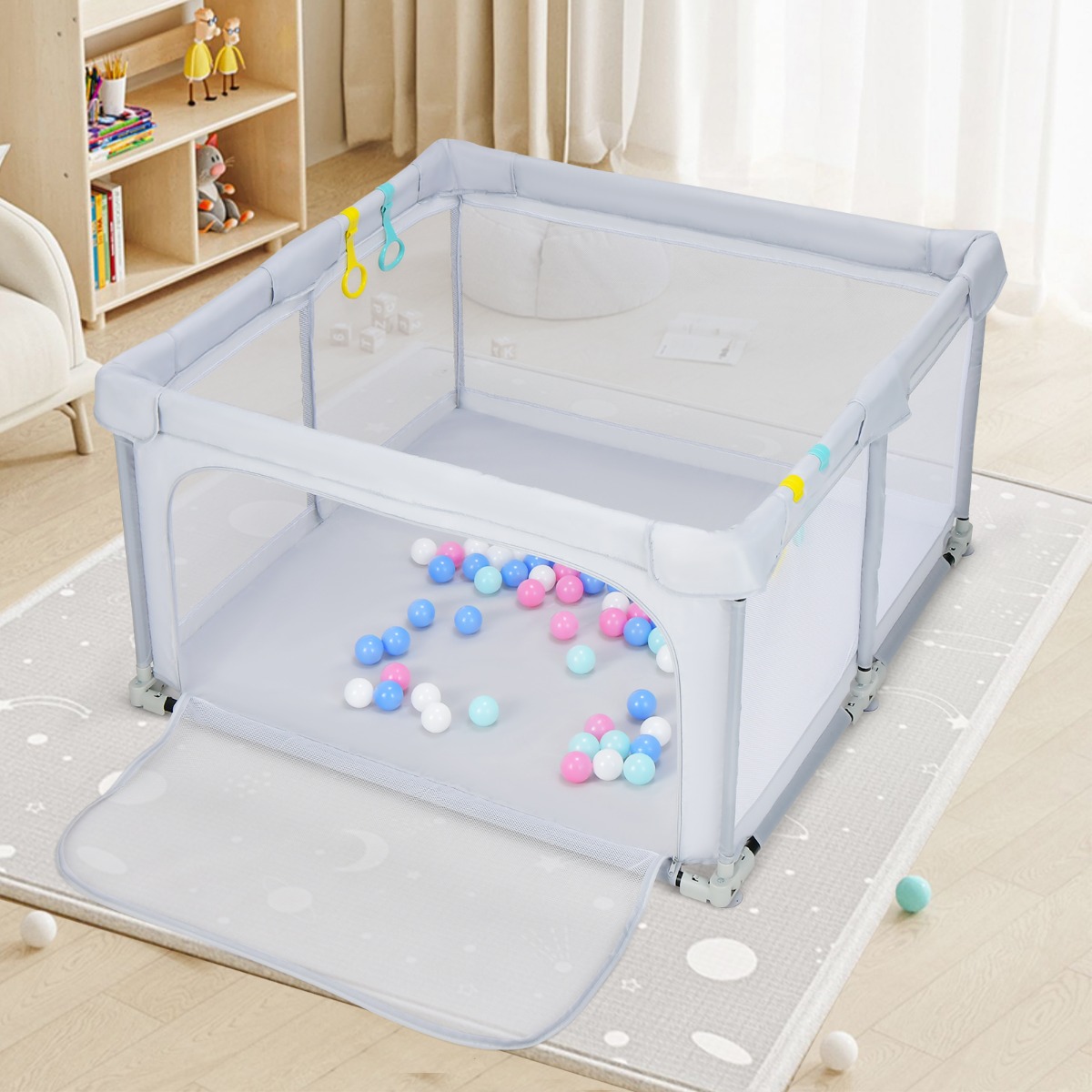 Quadratischer Baby-Laufstall 124 x 124 cm Großer Spielzaun Hellgrau