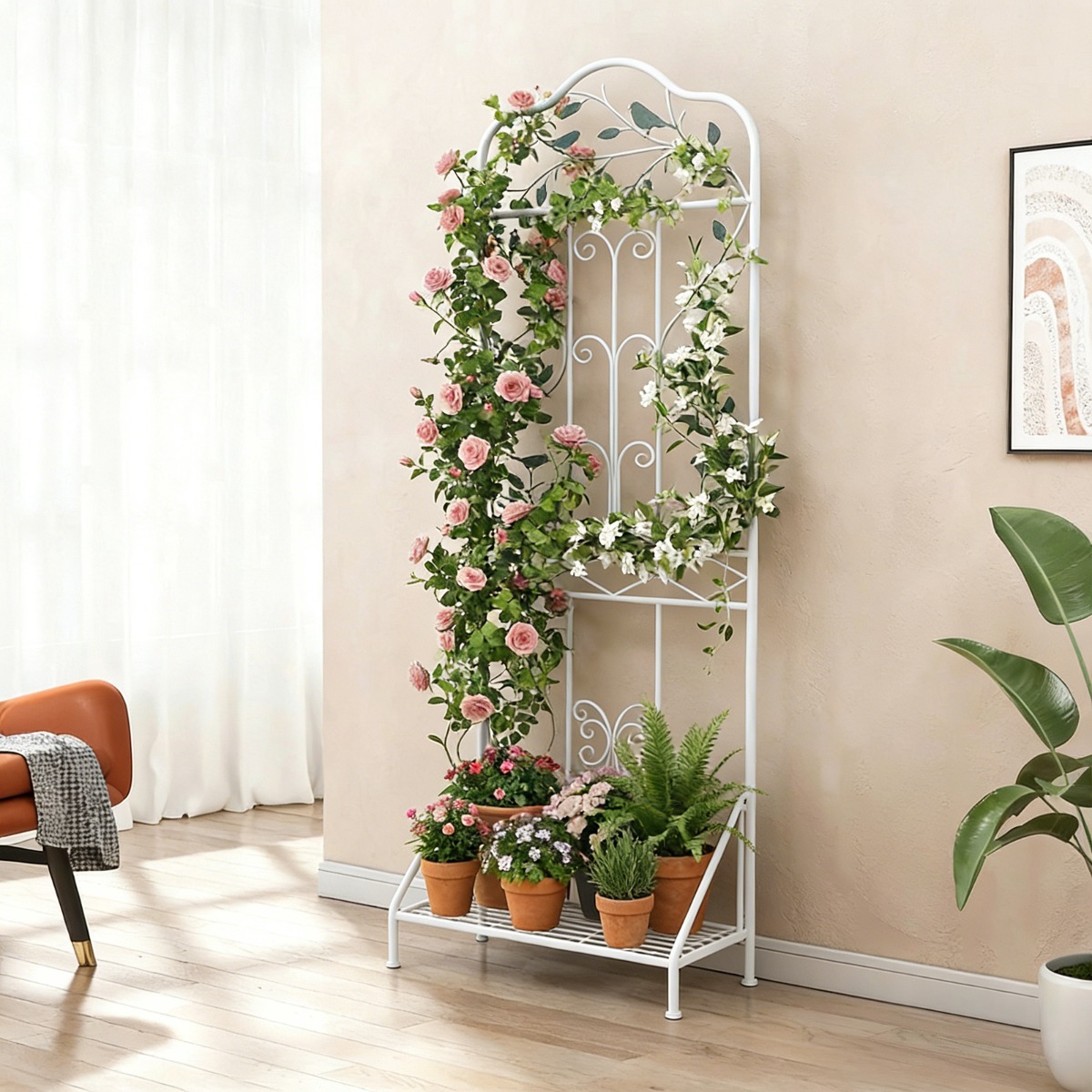 Rankgitter für Kletterpflanzen freistehendes Kletterblumenständer aus Metall mit klappbarem Regal Weiß