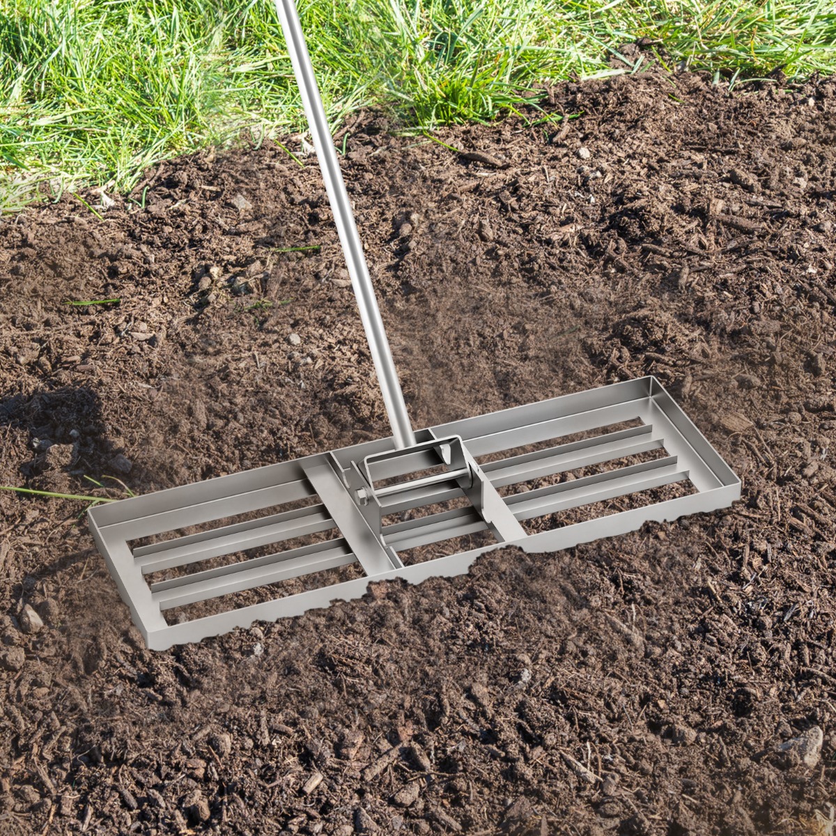 Metall Rasen Nivellierrechen mit Ergonomischem Griff für den Boden 75 x 25 cm Silber