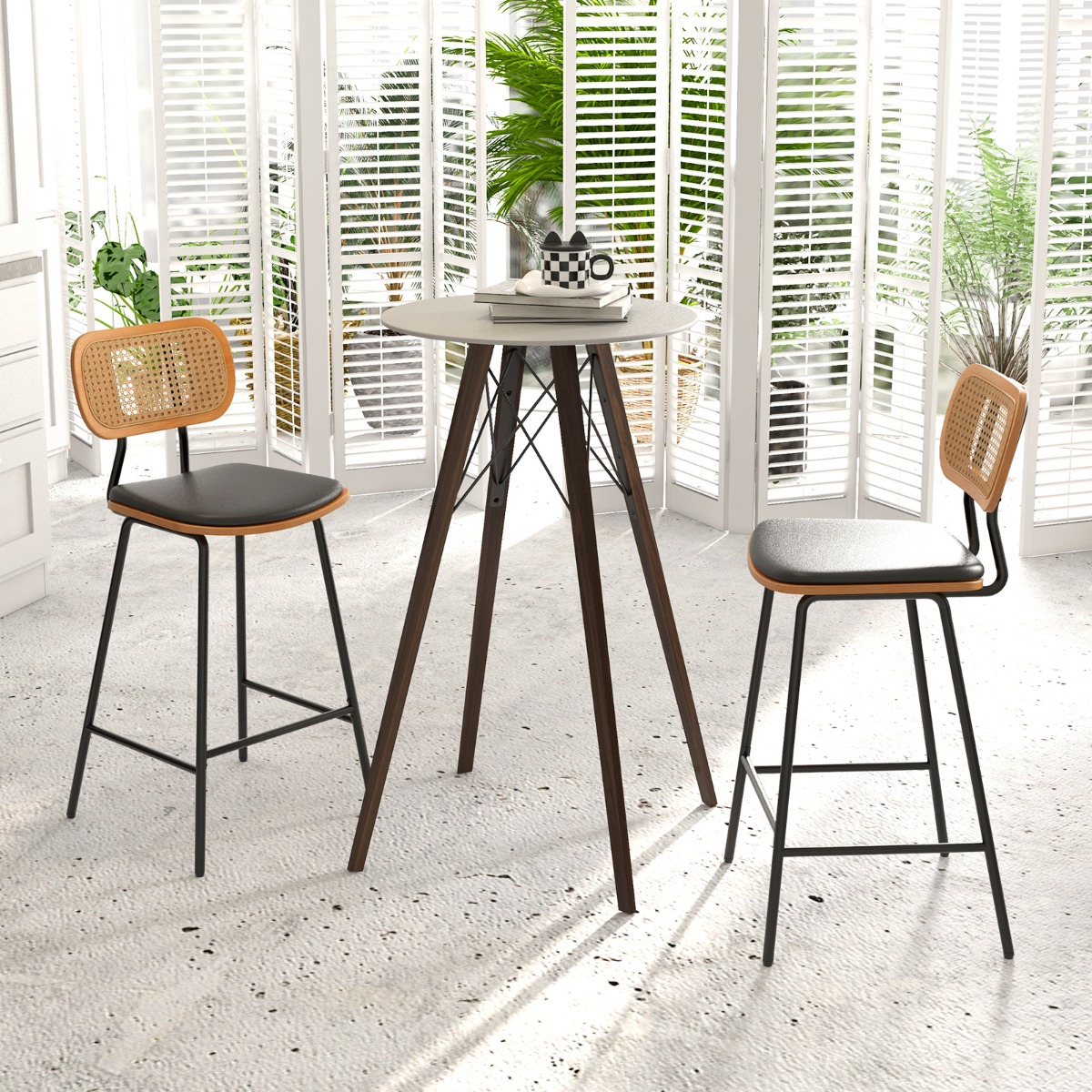 Rattan Barhocker-Set aus 2 Barhocker in Tresenhöhe mit Rattan-Rückenlehne Gepolsterte armlose Essstühle