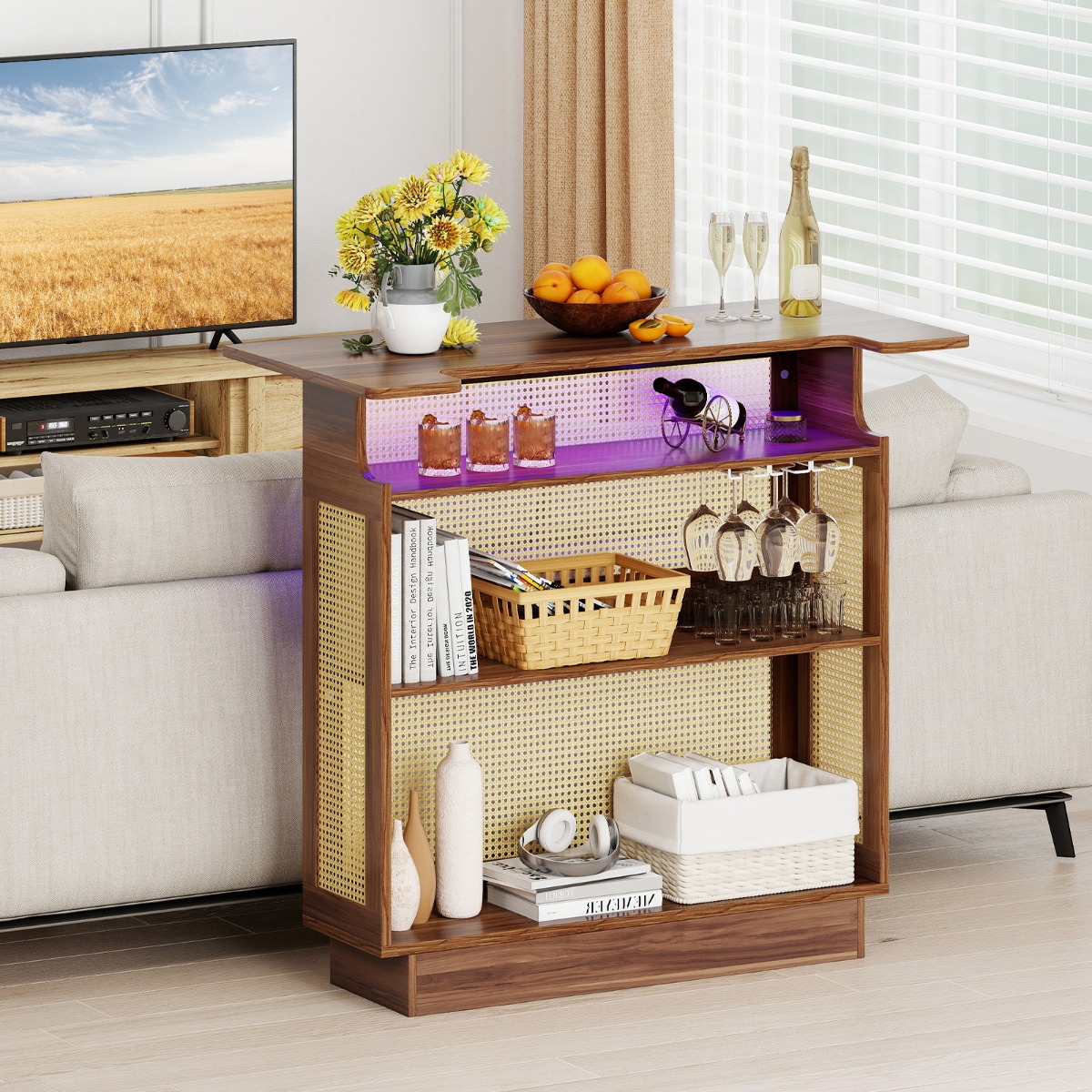 LED Rattan Hausbar mit 3-reihigen Glashaltern & 3 Ablagen Weinschrank mit RGB Beleuchtung