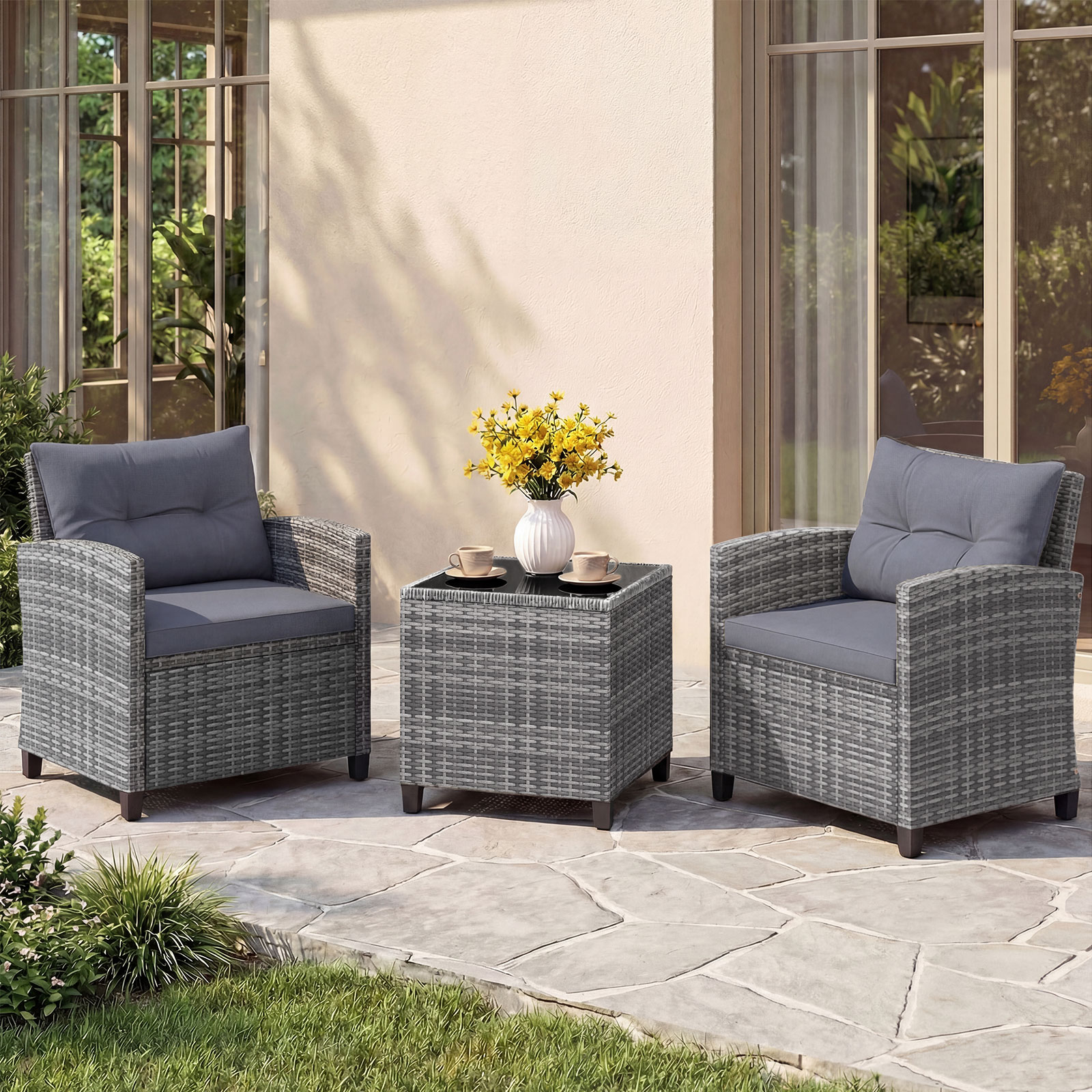 Rattan Gartenmöbel Set 3-teiliges Balkonmöbel mit 2 Sessel und Tisch mit Sicherheitsglas-Tischplatte Grau