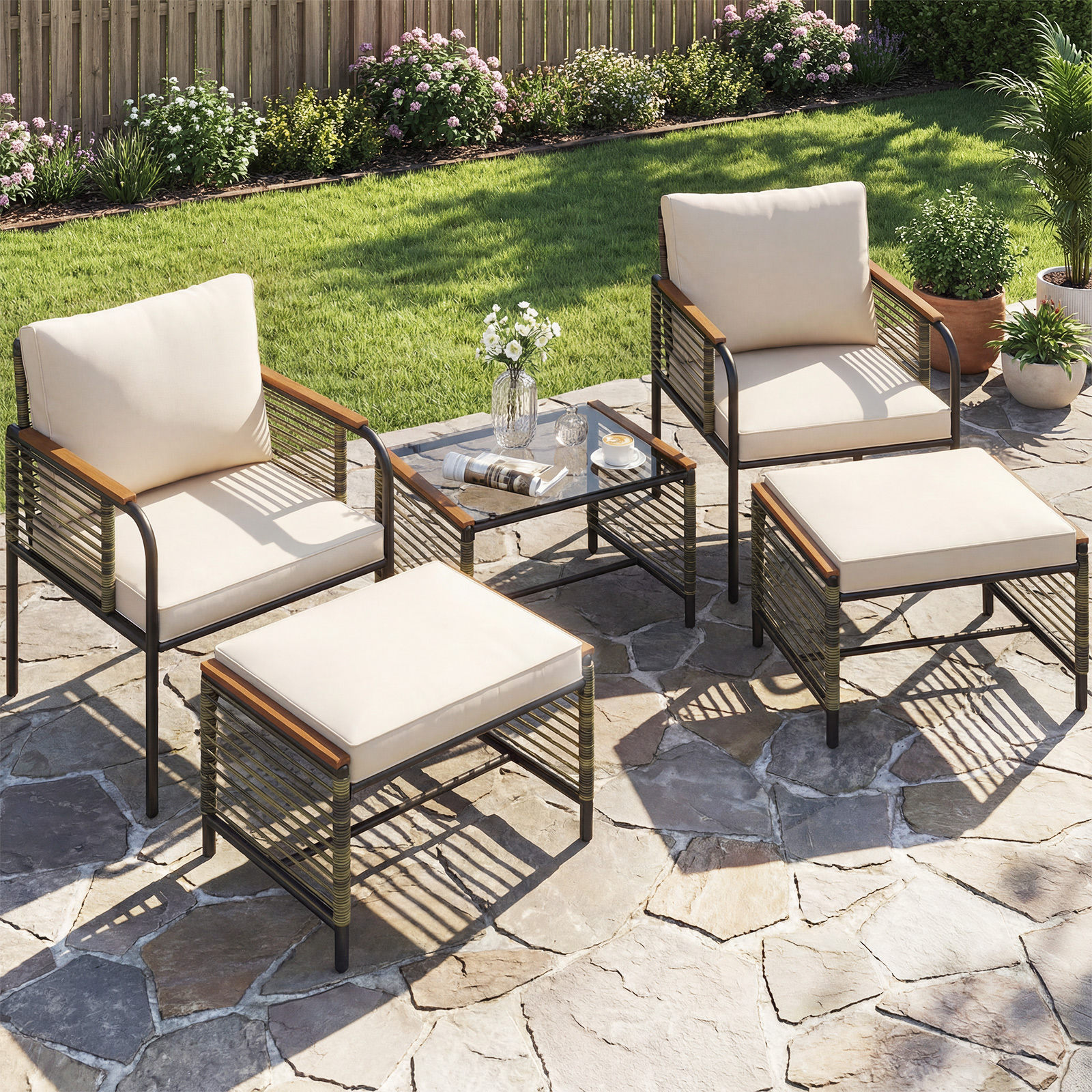 Rattan Gartenmöbel Set inkl. 2 Stühle mit Kissen & Hocker & Tisch Gartengarnitur Sitzgruppe Beige