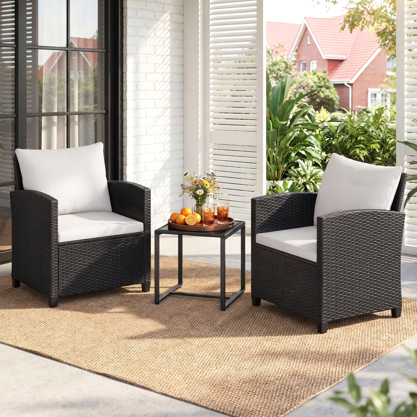 Rattan Gartenmöbel Set inkl. 2 Stühle mit Kissen & Tisch aus Glas Outdoor Sitzgruppe Schwarz-Beige