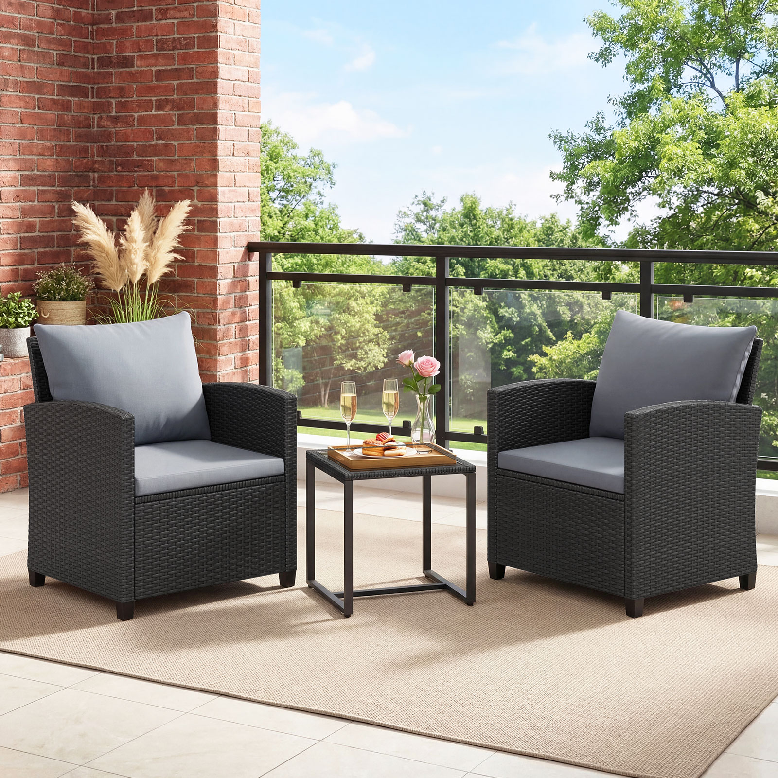 Rattan Gartenmöbel Set inkl. 2 Stühle mit Kissen & Tisch aus Glas Outdoor Sitzgruppe Schwarz-Grau