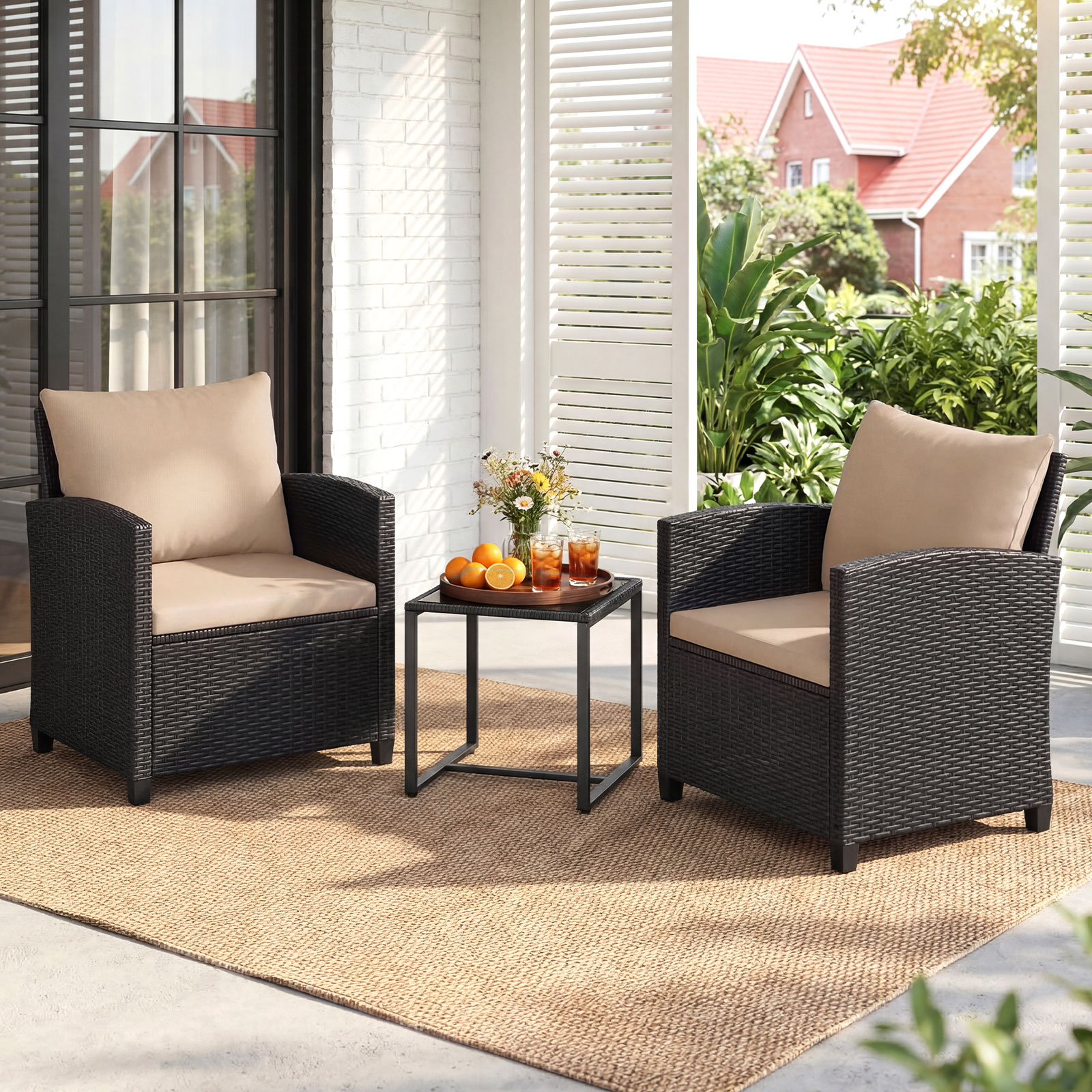 Rattan Gartenmöbel Set inkl. 2 Stühle mit Kissen & Tisch aus Glas Outdoor Sitzgruppe Schwarz-Khaki
